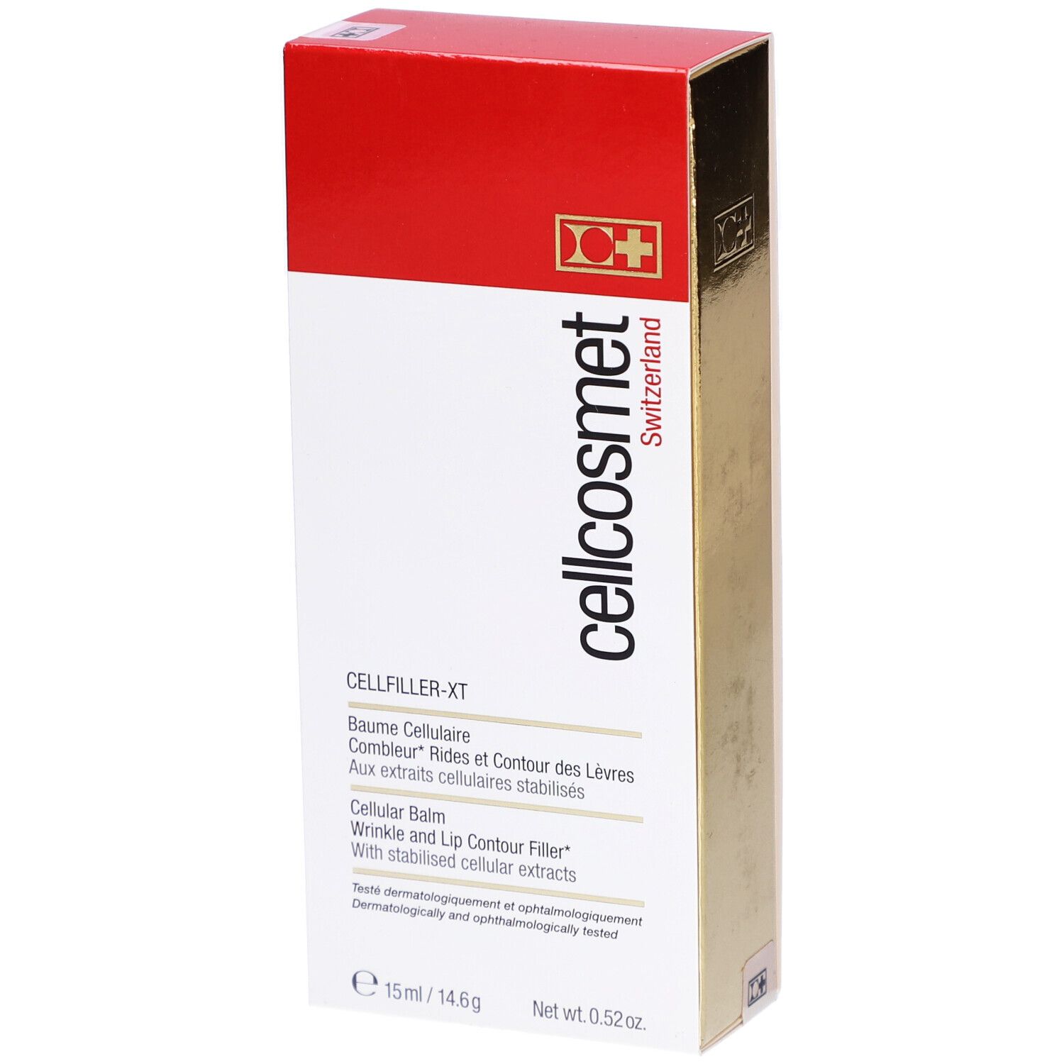 Emballage Cellcosmet Cellfiller-XT. Boîte rouge et dorée avec informations et logo du produit.