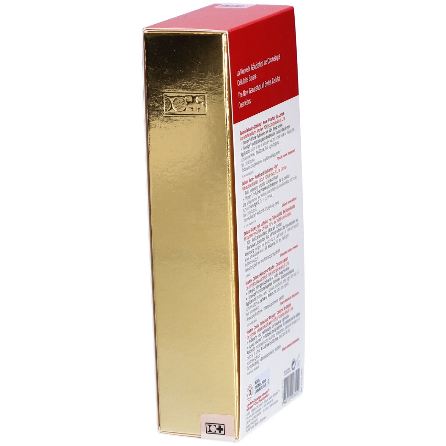 Cellcosmet Cellfiller-XT, vue latérale de l'emballage. Couleurs or et rouge, informations produit.