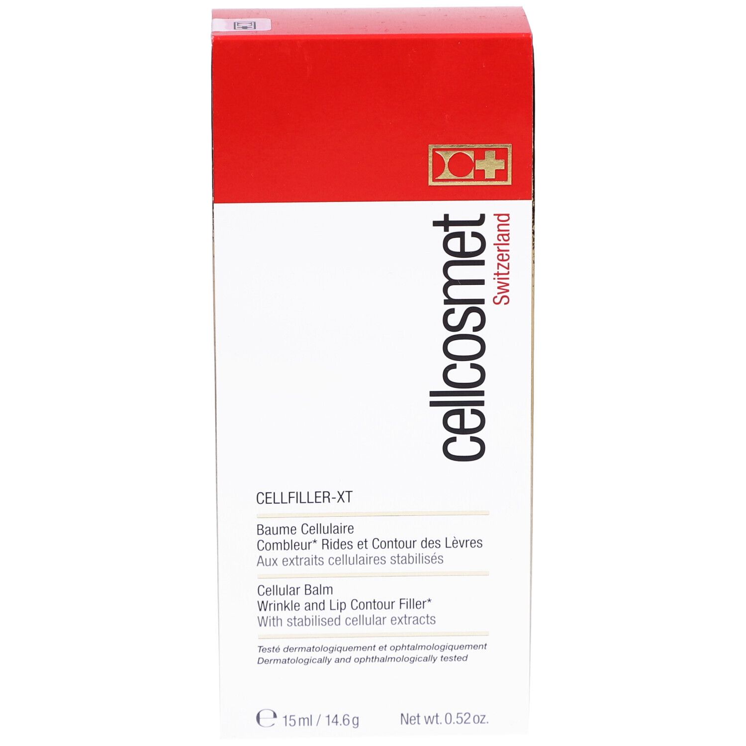 Emballage Cellcosmet Cellfiller-XT. Boîte rouge et dorée avec informations et logo du produit.