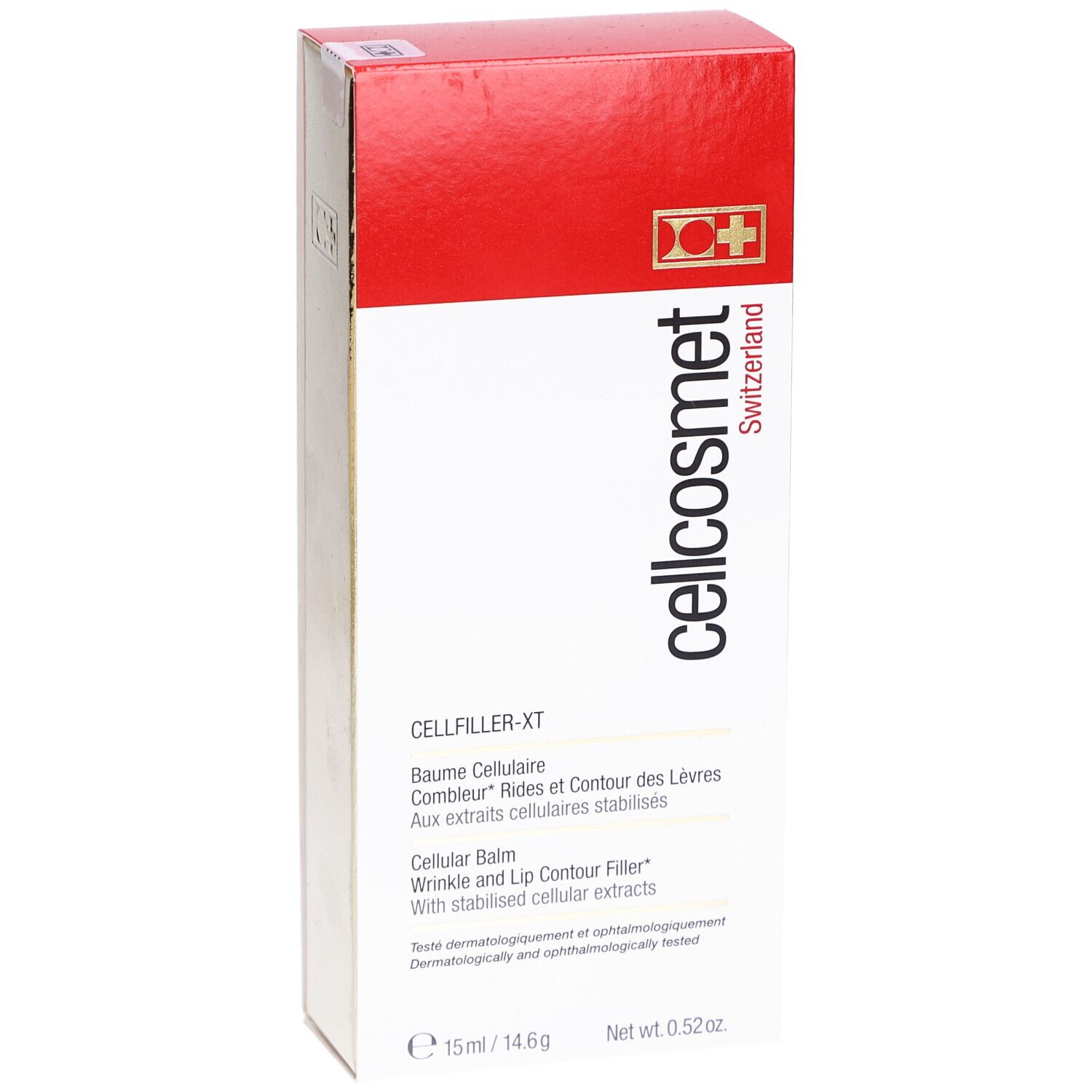 Emballage Cellcosmet Cellfiller-XT. Boîte rouge et dorée avec informations et logo du produit.