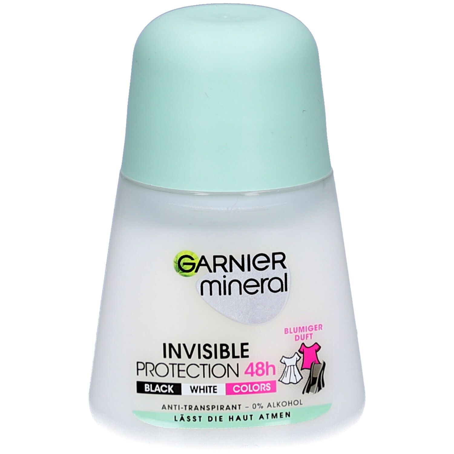 Deo-Roller mit hellgrünem Deckel. Aufschrift: GARNIER mineral, Invisible Protection 48h. Für schwarze, weiße und farbige Kleidung.