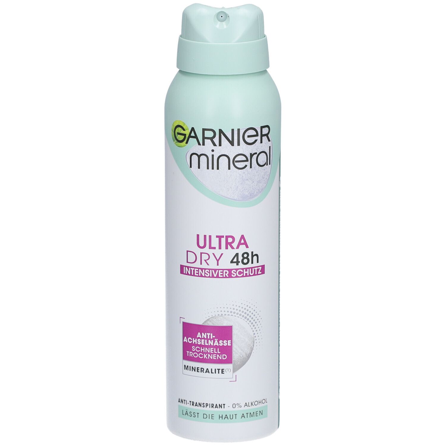 Sprühflasche mit Garnier Mineral Logo. Text: Ultra Dry 48h, Intensiver Schutz. Anti-Transpirant, 0% Alkohol.