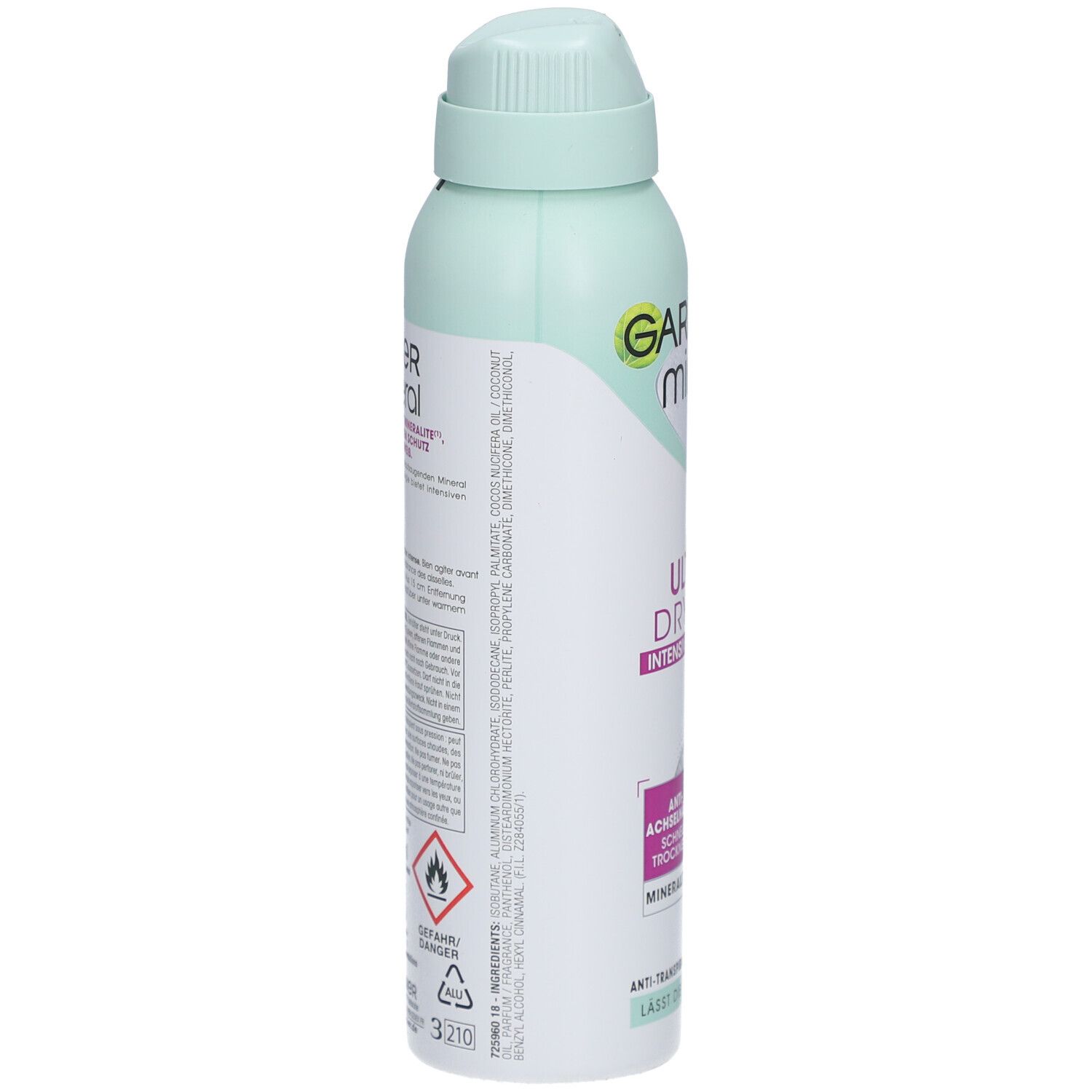 Seitenansicht der Sprühflasche. Text: Garnier Mineral. Inhaltsstoffe, Warnhinweise, Piktogramme. Recycling-Symbol.