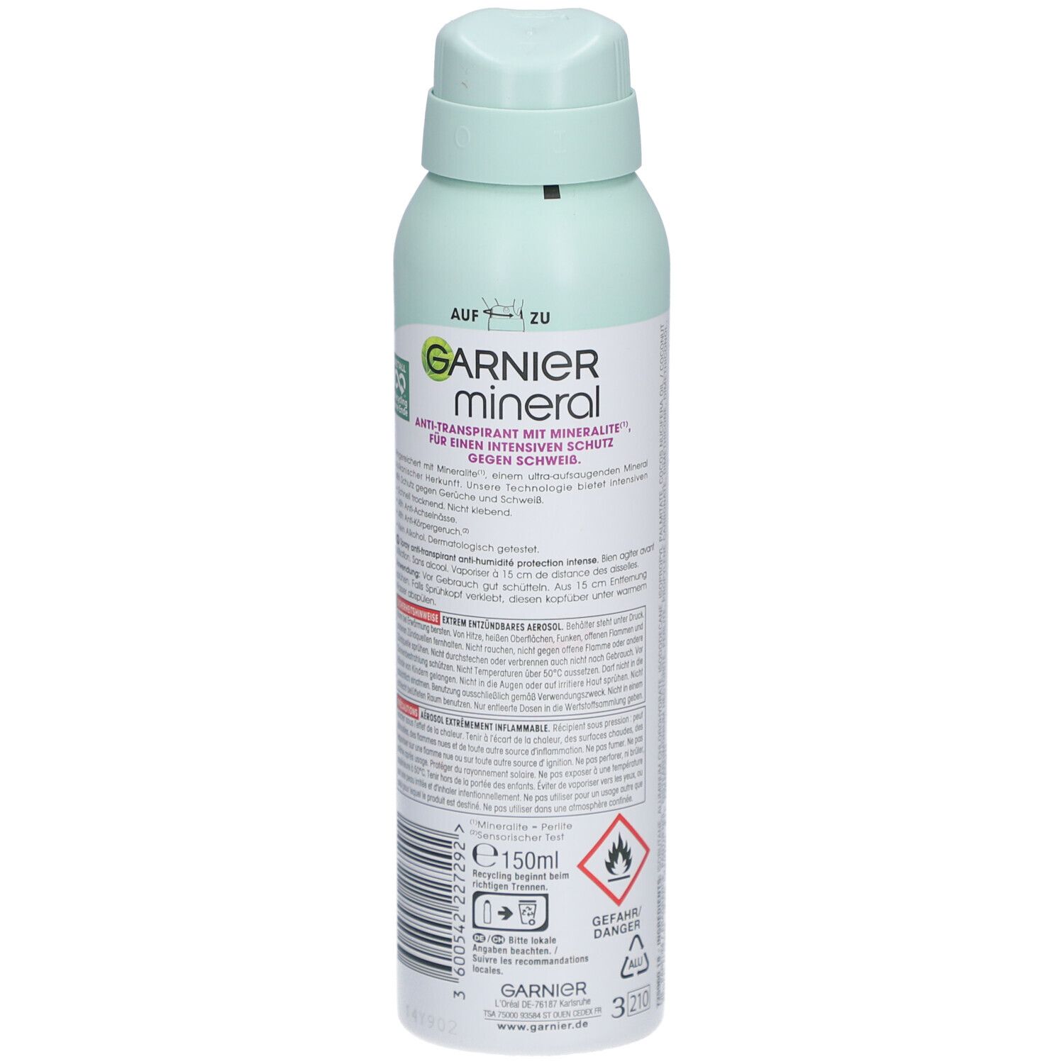 Rückseite der Sprühflasche. Text: Garnier Mineral, Anti-Transpirant, 150ml. Warnhinweis, Recycling-Symbol. Auf-Zu-Anzeige.