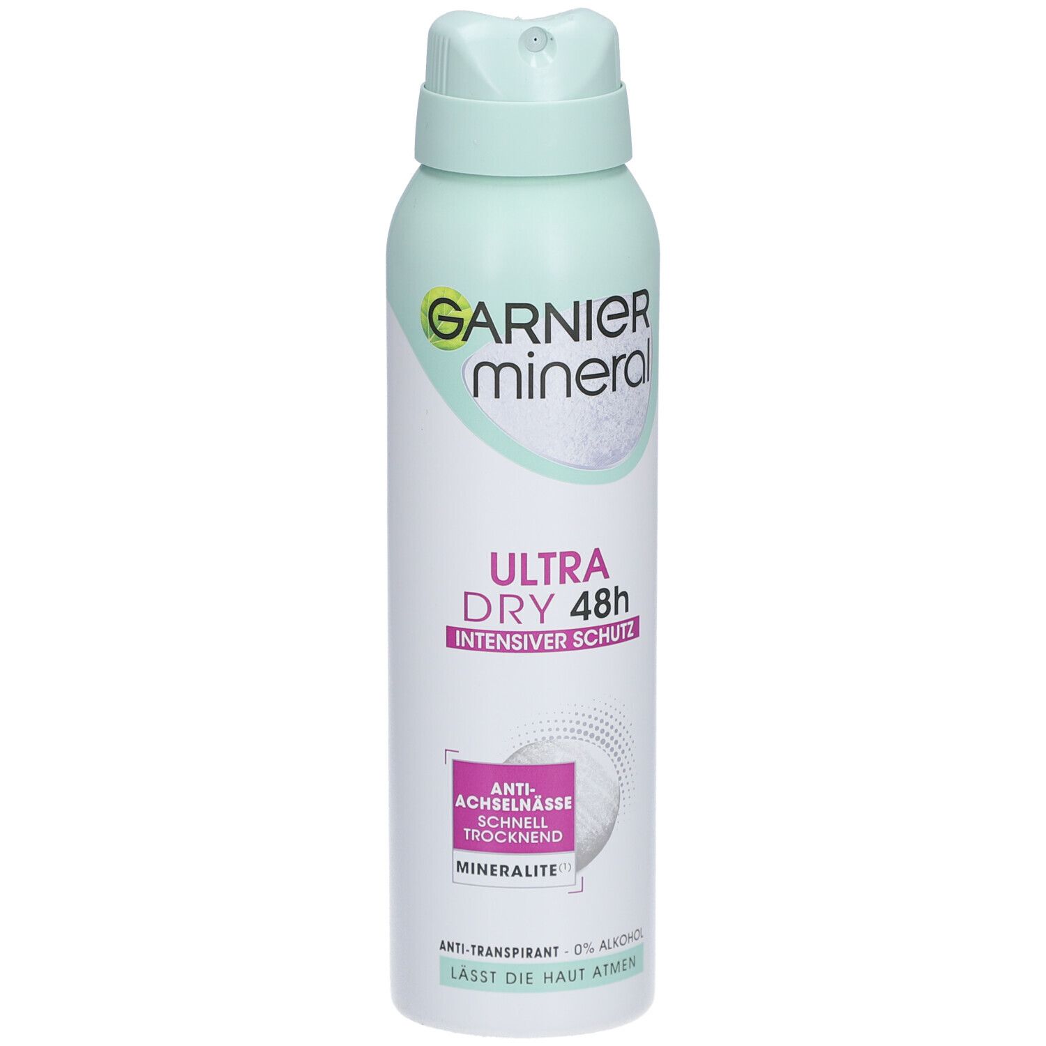 Sprühflasche mit Garnier Mineral Logo. Text: Ultra Dry 48h, Intensiver Schutz. Anti-Transpirant, 0% Alkohol.