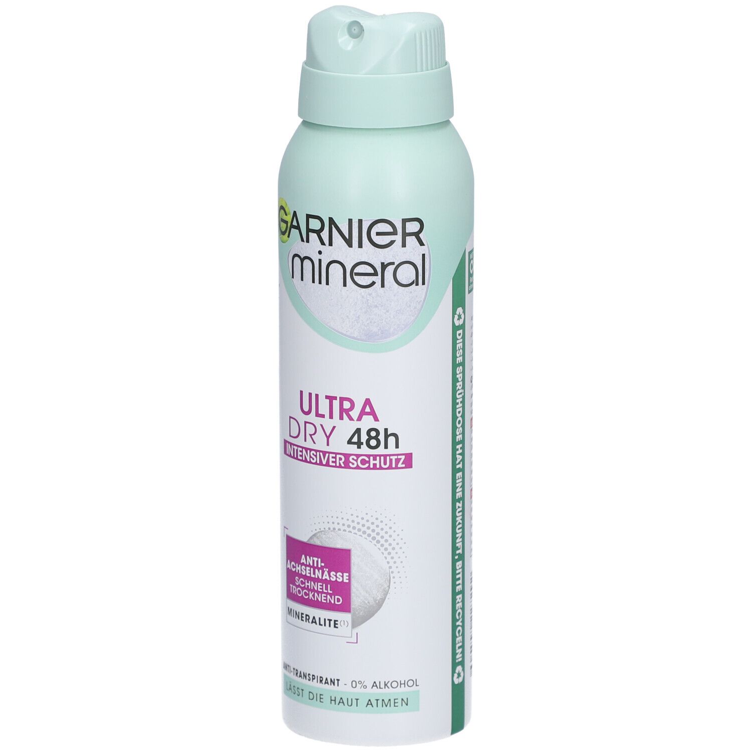 Sprühflasche mit Garnier Mineral Logo. Text: Ultra Dry 48h, Intensiver Schutz. Anti-Transpirant, 0% Alkohol. Recycling-Hinweis.