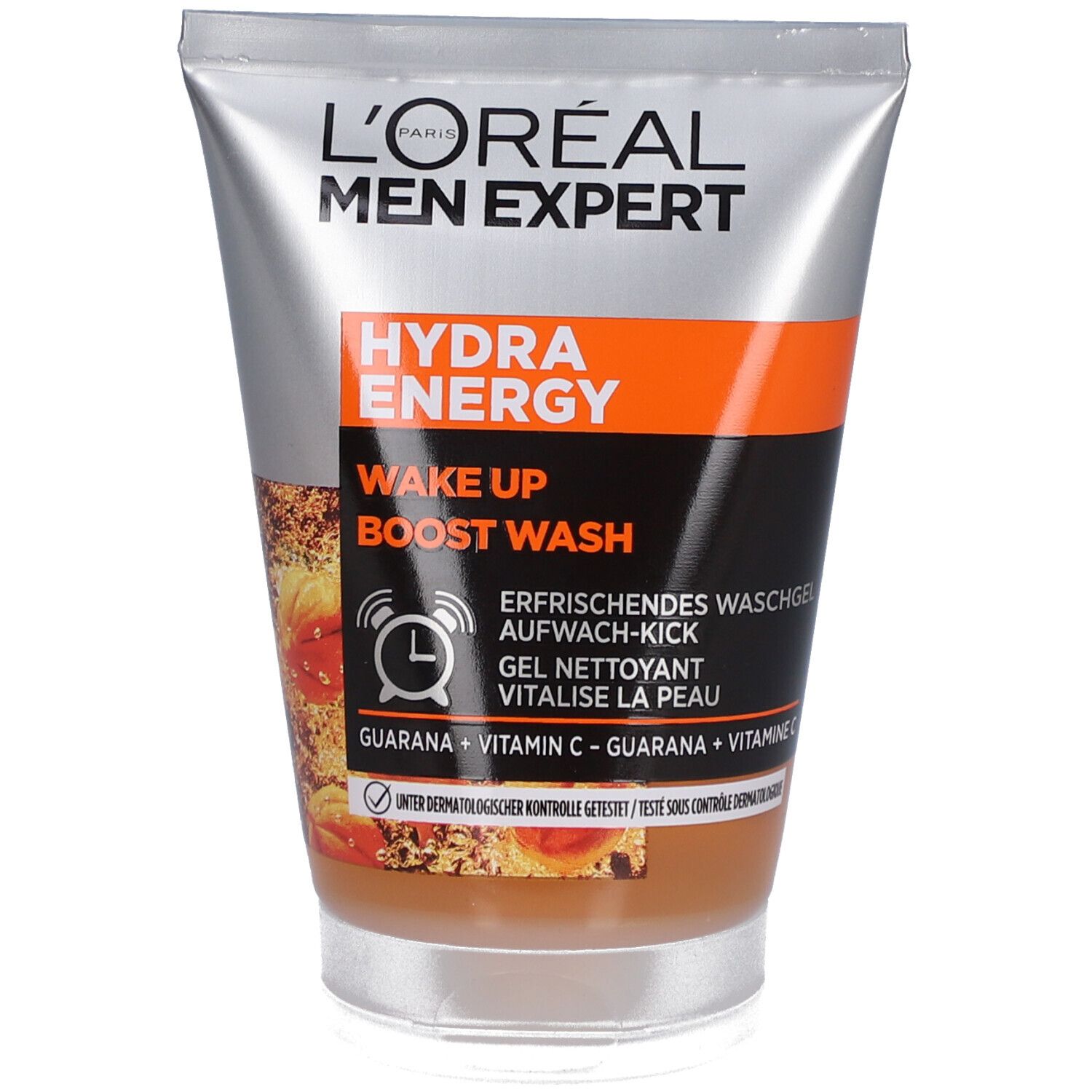 Silberne Tube mit L'Oréal Men Expert Hydra Energy. Schwarzer Streifen mit Text. Orangefarbener Streifen. Produktname und Inhaltsstoffe.