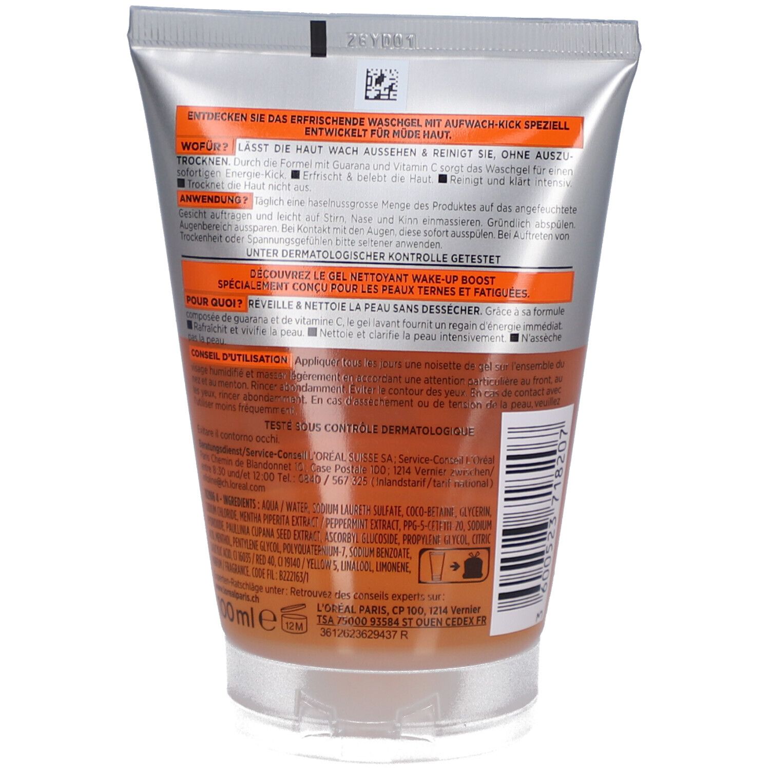 Rückseite der silbernen Tube. Text in Deutsch und Französisch. Inhaltsstoffe und Informationen. Unter dermatologischer Kontrolle getestet.