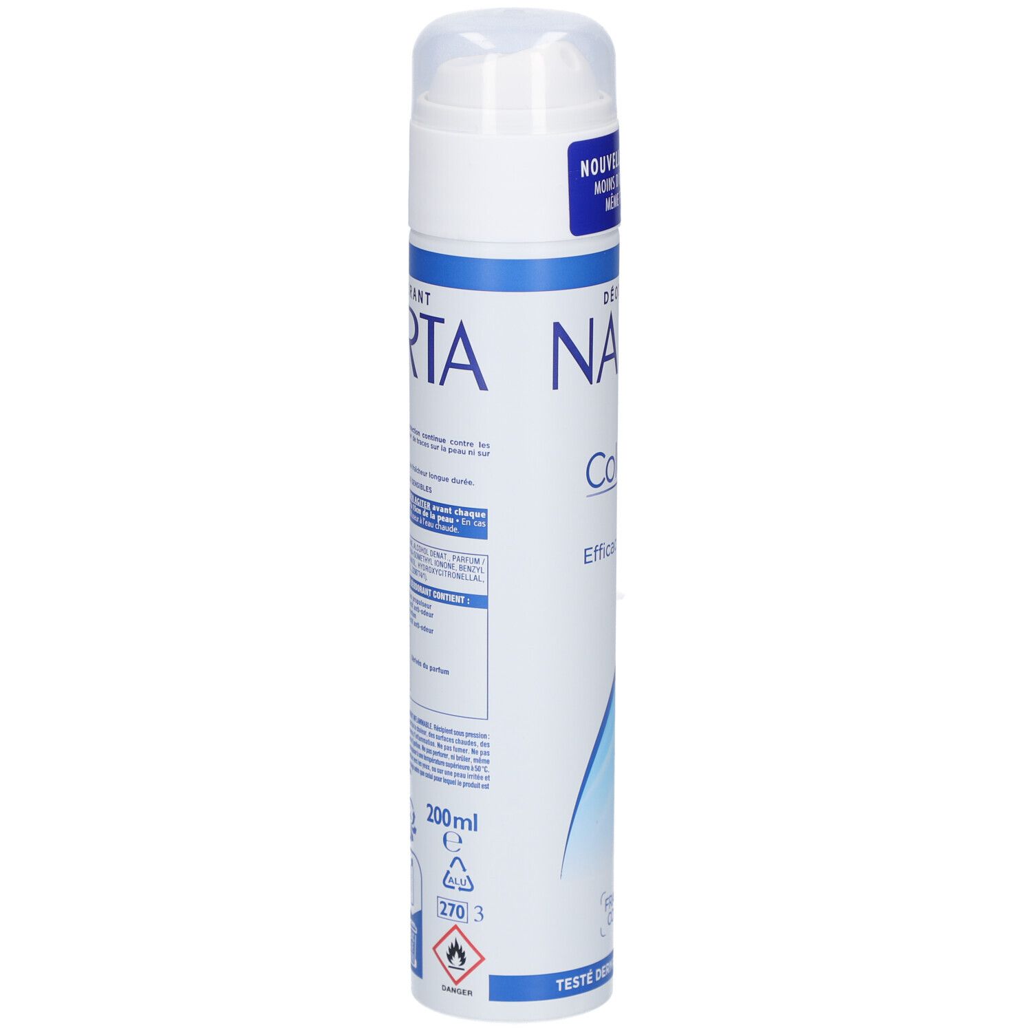NARTA Deodorant Cologne. Weiße Dose, Rückseite mit Text. 200ml. Warnhinweise und Recycling-Symbol.