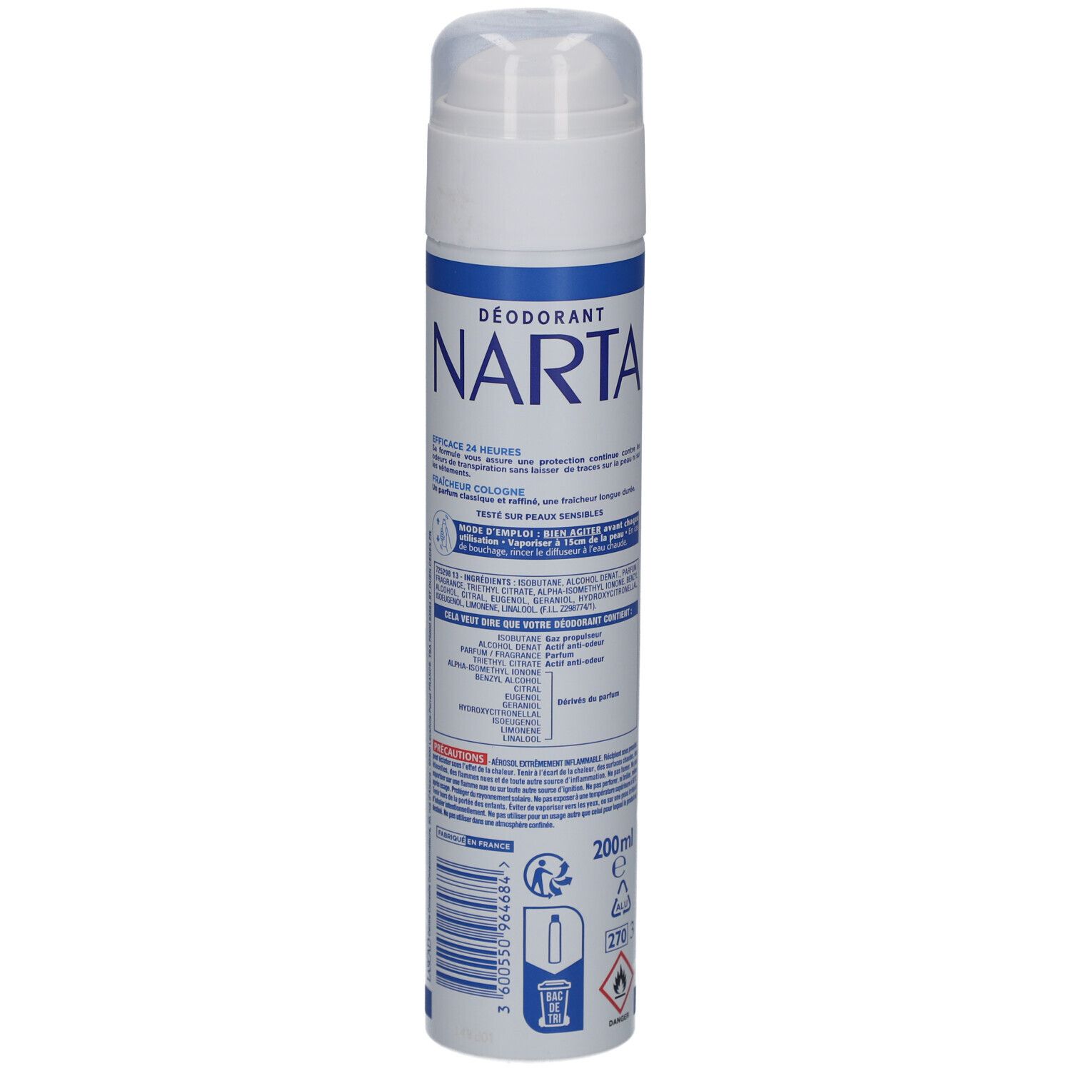NARTA Deodorant Cologne. Weiße Dose, Rückseite mit Text. Inhaltsstoffe, Warnhinweise, Barcode.