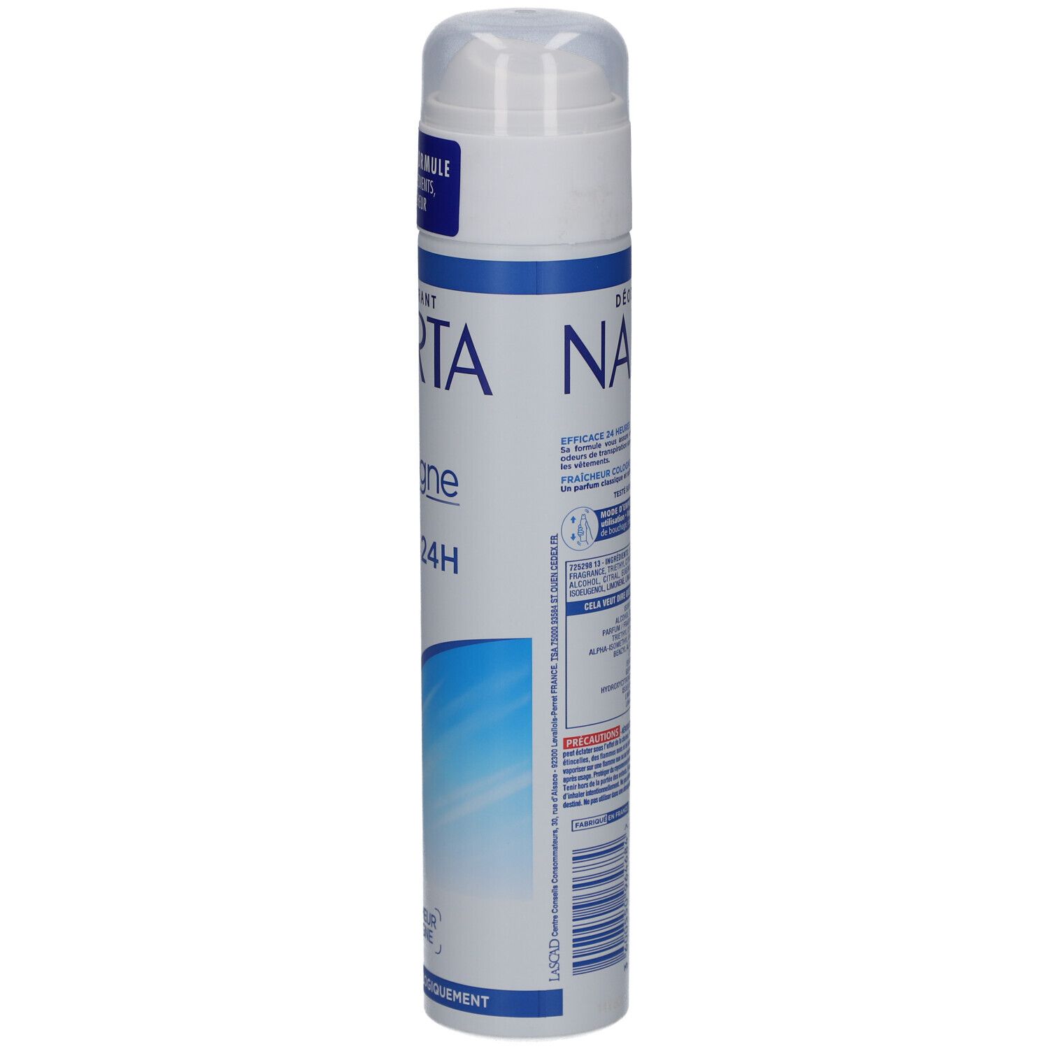 NARTA Deodorant Cologne. Weiße Dose, Rückseite mit Text. 24H Wirksamkeit. Dermatologisch getestet.
