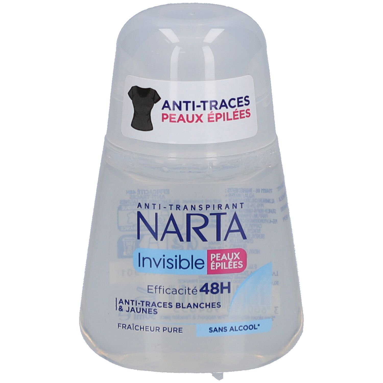 Roll-on déodorant transparent. Étiquette avec nom et caractéristiques du produit. Symbole T-shirt noir.