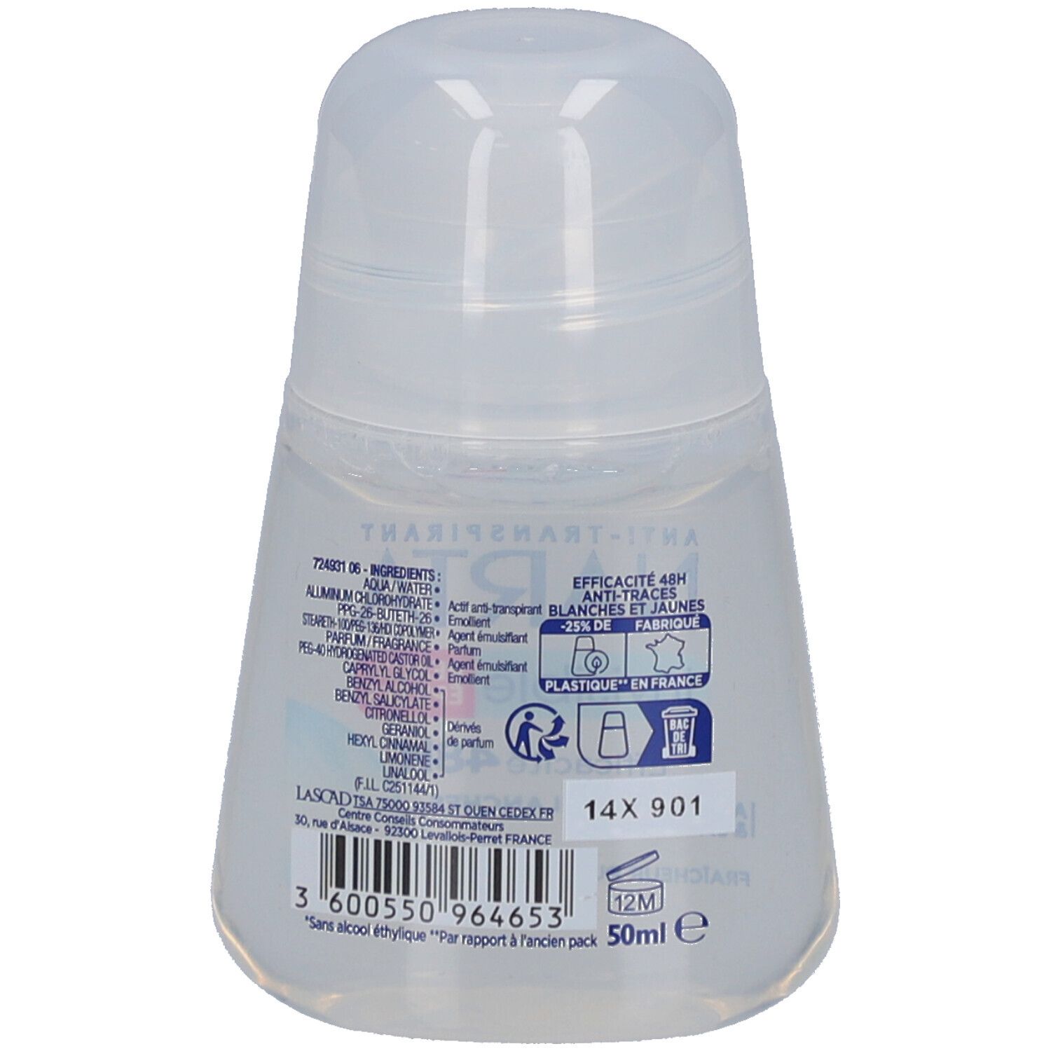 Dos du roll-on déodorant transparent. Étiquette avec ingrédients et informations. Symbole de recyclage.