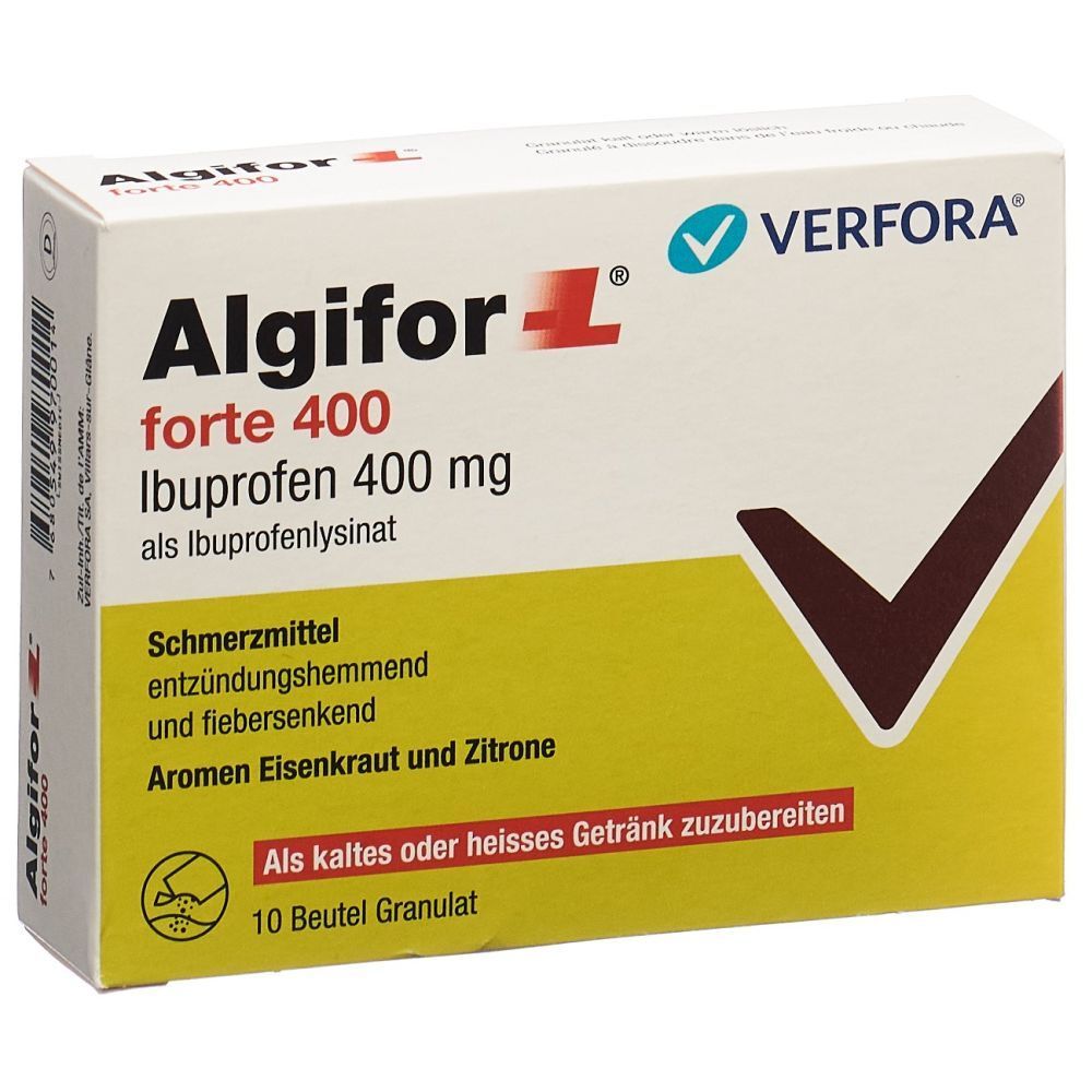 Verpackung von Algifor-L forte 400. Enthält Ibuprofen 400 mg. Mit Aufschrift "10 Beutel Granulat". Marke Verfora.
