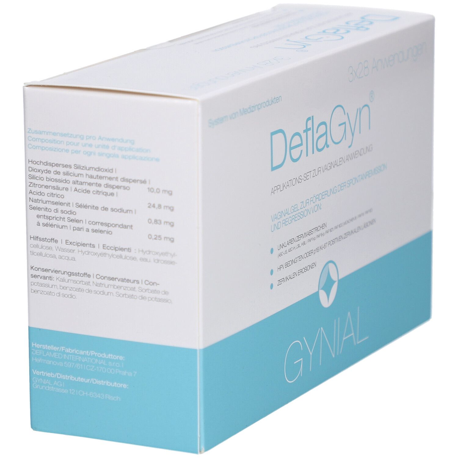 Emballage du produit avec informations. Inscription DeflaGyn. Contient ingrédients et dosage. Couleurs bleu et blanc.