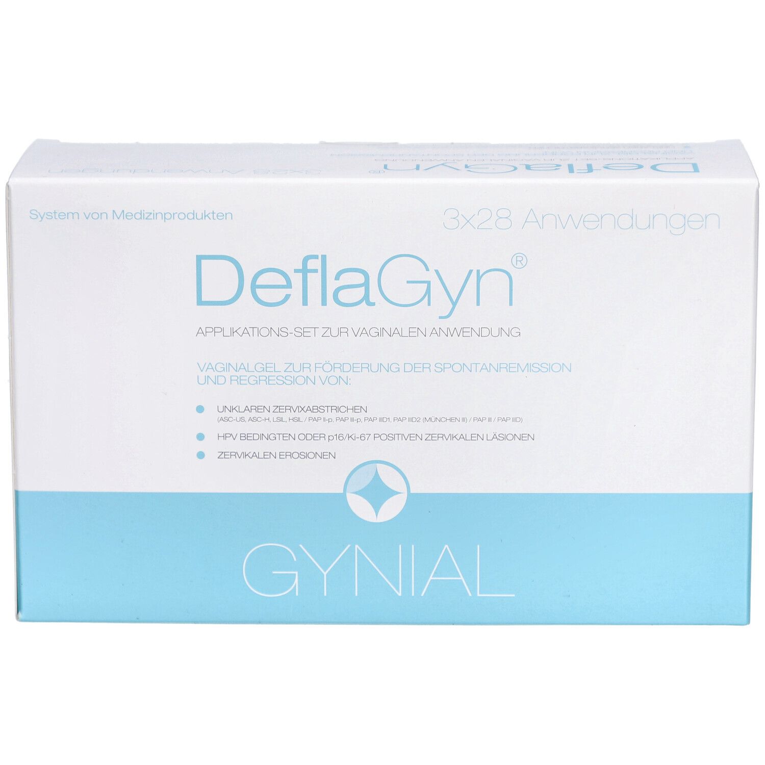 Emballage du produit avec inscription DeflaGyn. Contient 3x28 applications. Couleurs bleu et blanc. Logo GYNIAL.