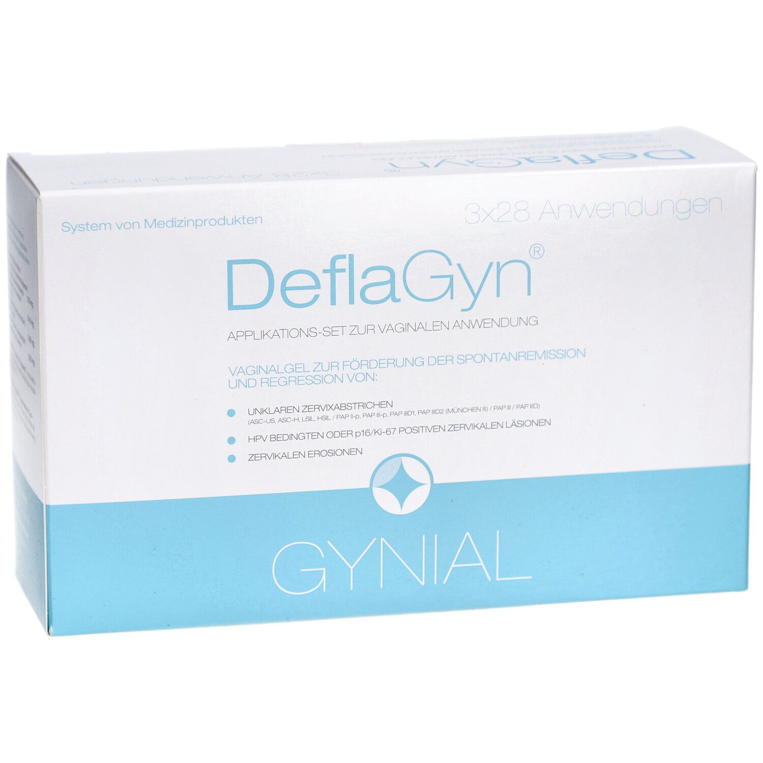 Emballage du produit avec inscription DeflaGyn. Contient 3x28 applications. Couleurs bleu et blanc. Logo GYNIAL.