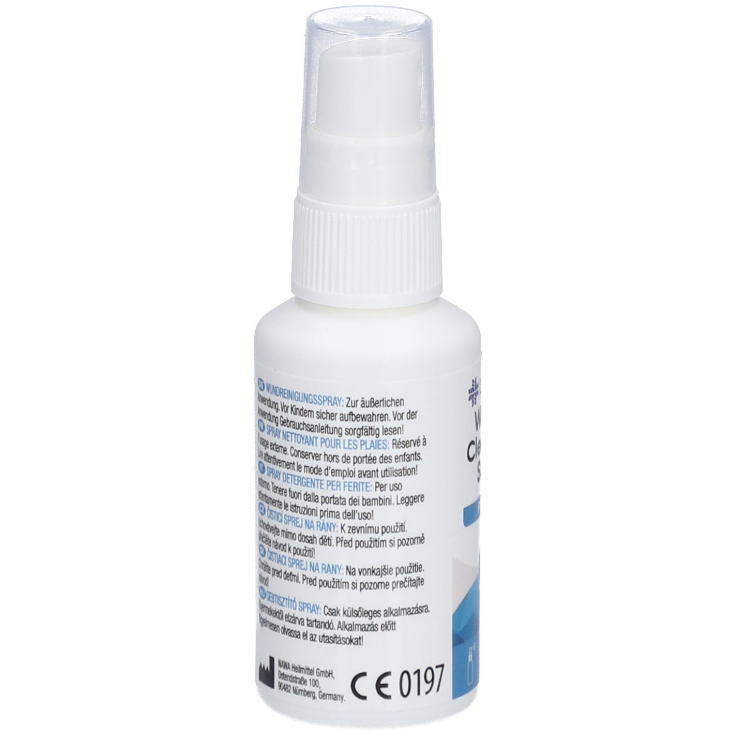 Flacon pulvérisateur blanc avec étiquette bleue. Texte: Wundreinigungsspray. Marquage CE. Tête de pulvérisation.