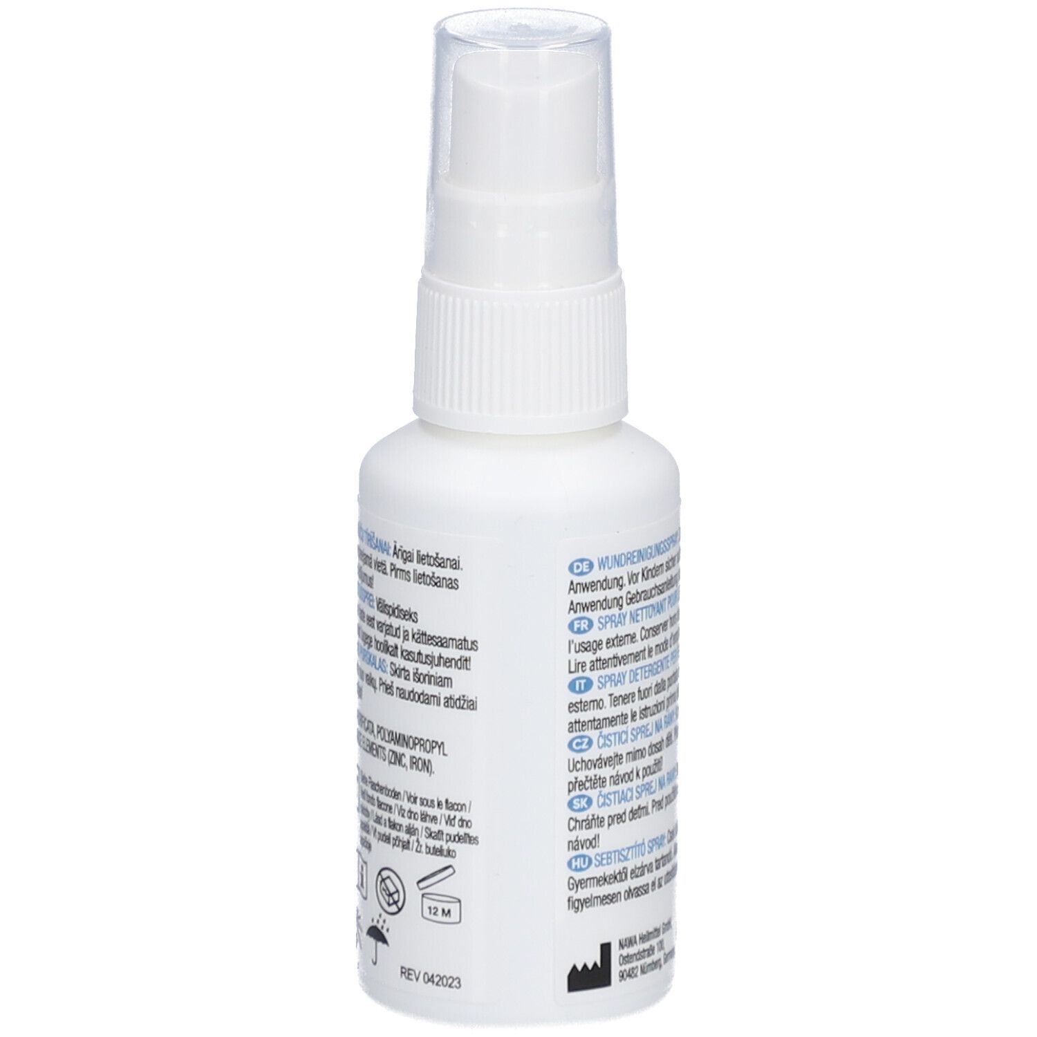 Flacon pulvérisateur blanc avec texte. Contient des informations d'utilisation. Tête de pulvérisation.