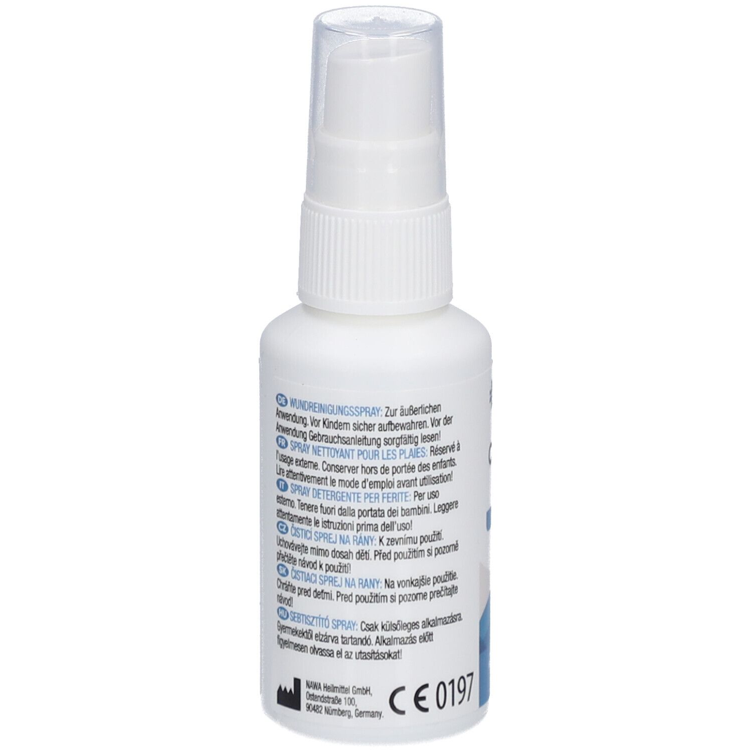 Flacon pulvérisateur blanc avec étiquette bleue. Texte: Wundreinigungsspray. Marquage CE. Tête de pulvérisation.