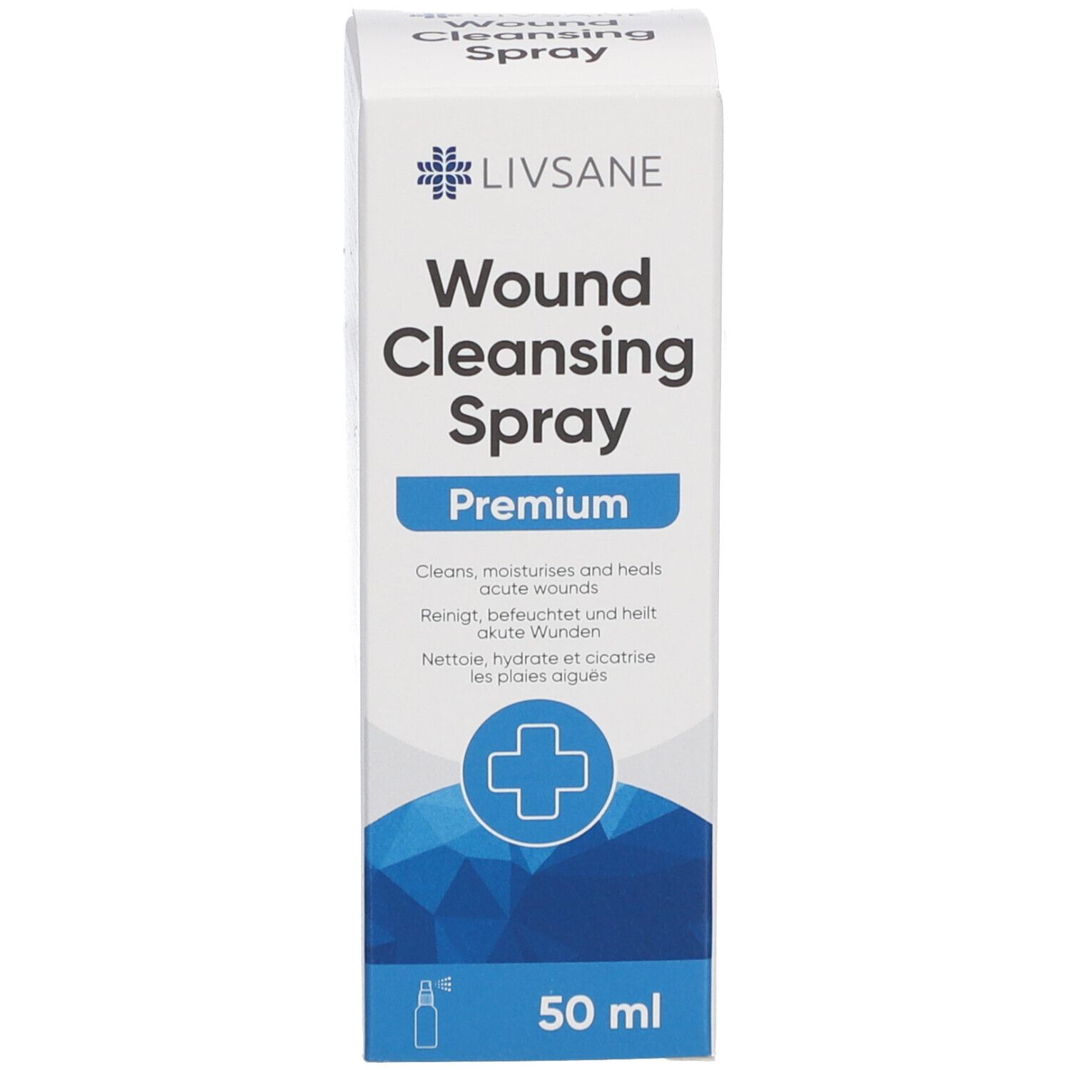 Boîte blanche. Texte: Livsane Wund Cleansing Spray Premium. 50 ml. Symbole croix. Illustration du produit.