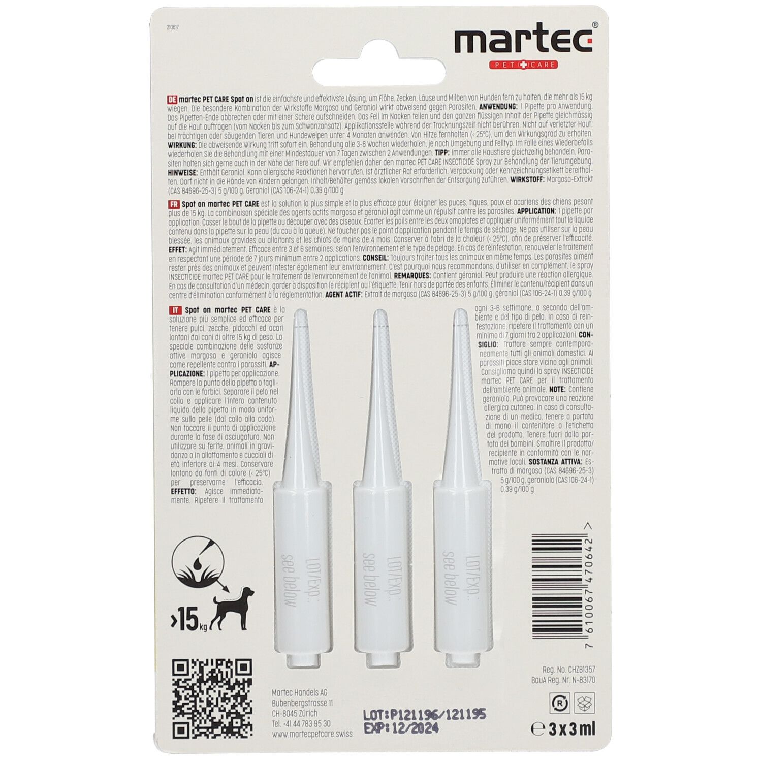 Dos de l'emballage avec trois pipettes spot-on. Nom du produit: MARTEC PET CARE Spot on. Contient du texte, un code QR et une date de péremption.