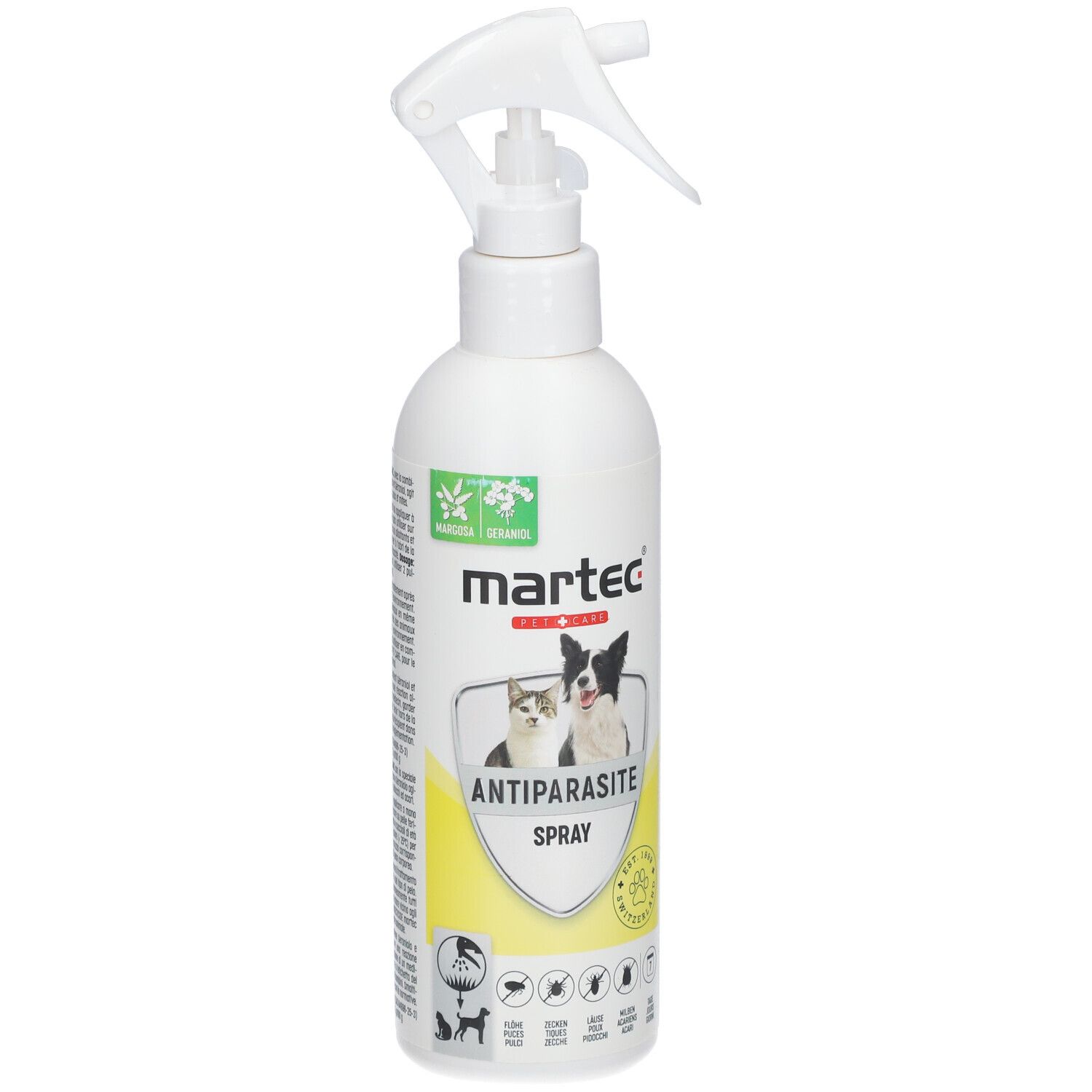 Weiße Sprühflasche mit Sprühkopf. Aufschrift: MARTEC PET CARE, ANTIPARASITE SPRAY. Abbildung von Katze und Hund. Gelbes Etikett.