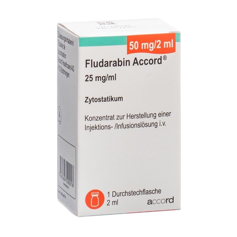 Karton mit Produktinformationen. Aufschrift: Fludarabin Accord Inf Konz 50 mg/2ml Durchstf. Orangefarbener und grüner Aufdruck.