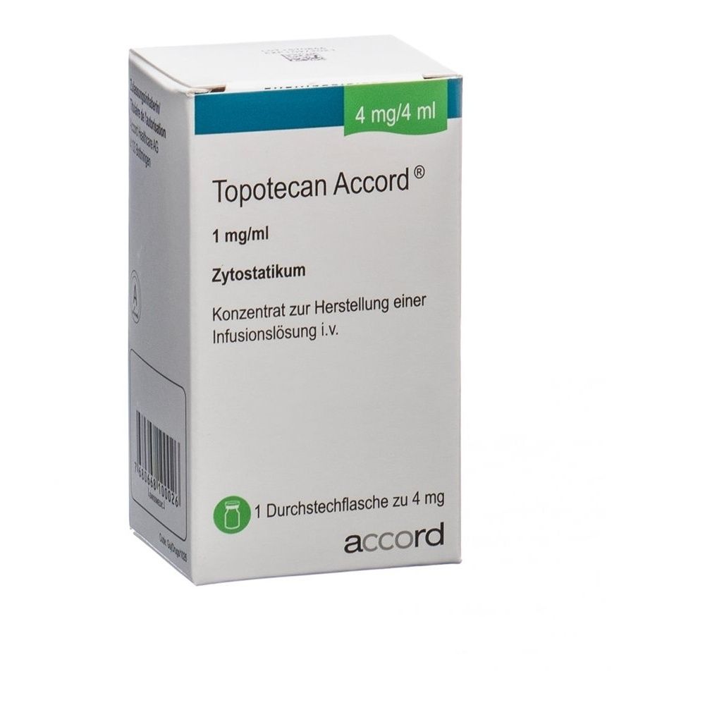 Boîte avec informations produit. Texte: Topotecan Accord Inf Konz 4 mg/4ml Durchstf. Emballage vert et blanc.