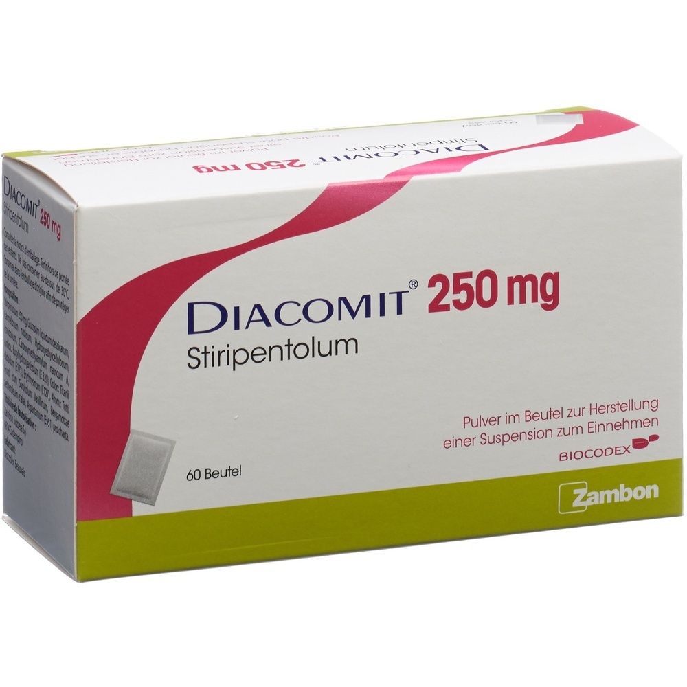 Boîte de DIACOMIT 250 mg. Inscriptions rouges et vertes. Nom du produit et dosage clairement visibles sur l'emballage.