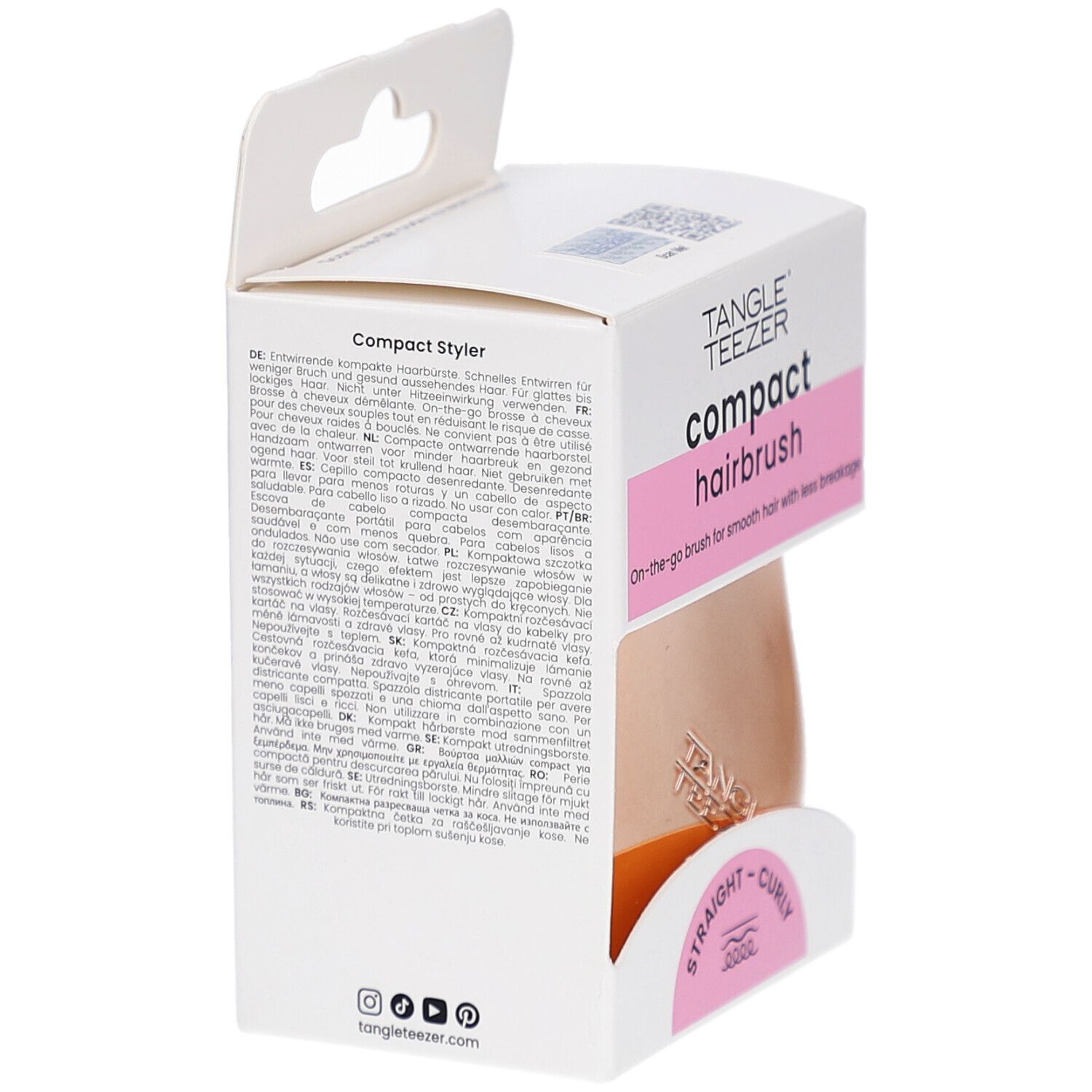 Verpackung der kompakten Haarbürste. Marke TANGLE TEEZER. Text in mehreren Sprachen. Rückseite mit Produktinformationen.