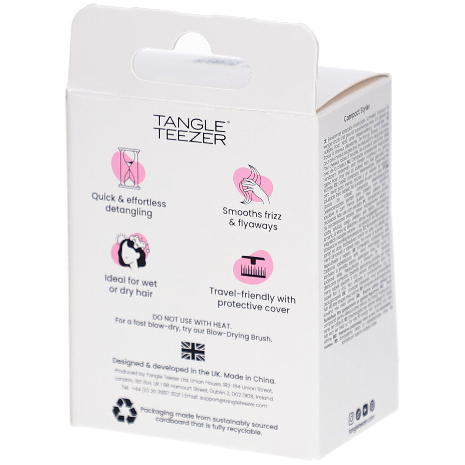 Rückseite der Verpackung. Marke TANGLE TEEZER. Produktmerkmale: Entwirren, glätten, für nasses/trockenes Haar, mit Schutzhülle.