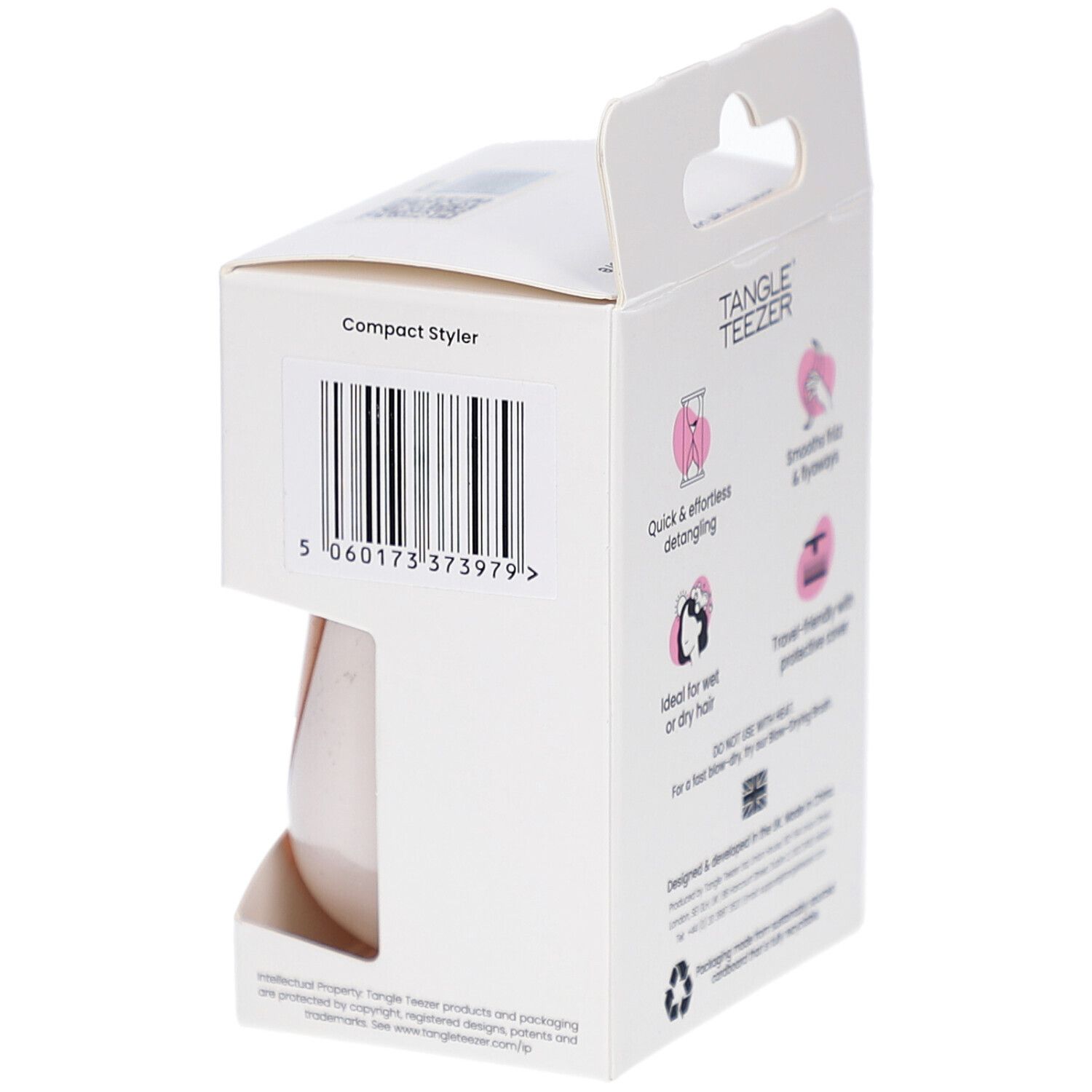 Verpackung der kompakten Haarbürste. Marke TANGLE TEEZER. Barcode und Produktmerkmale auf der Rückseite.