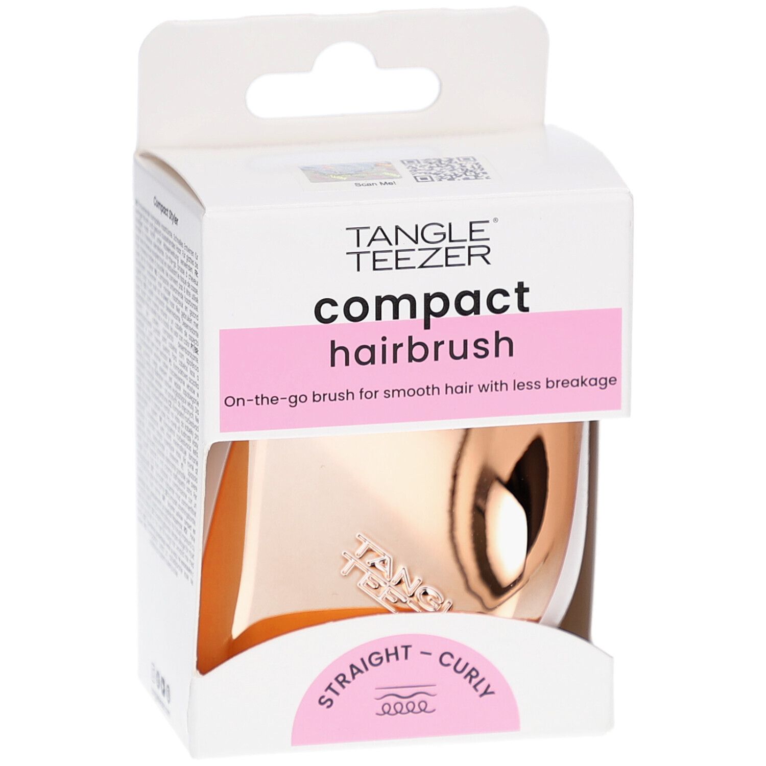 Kompakte Haarbürste in Verpackung. Marke TANGLE TEEZER. Rosa und goldfarben. Für glattes und lockiges Haar.