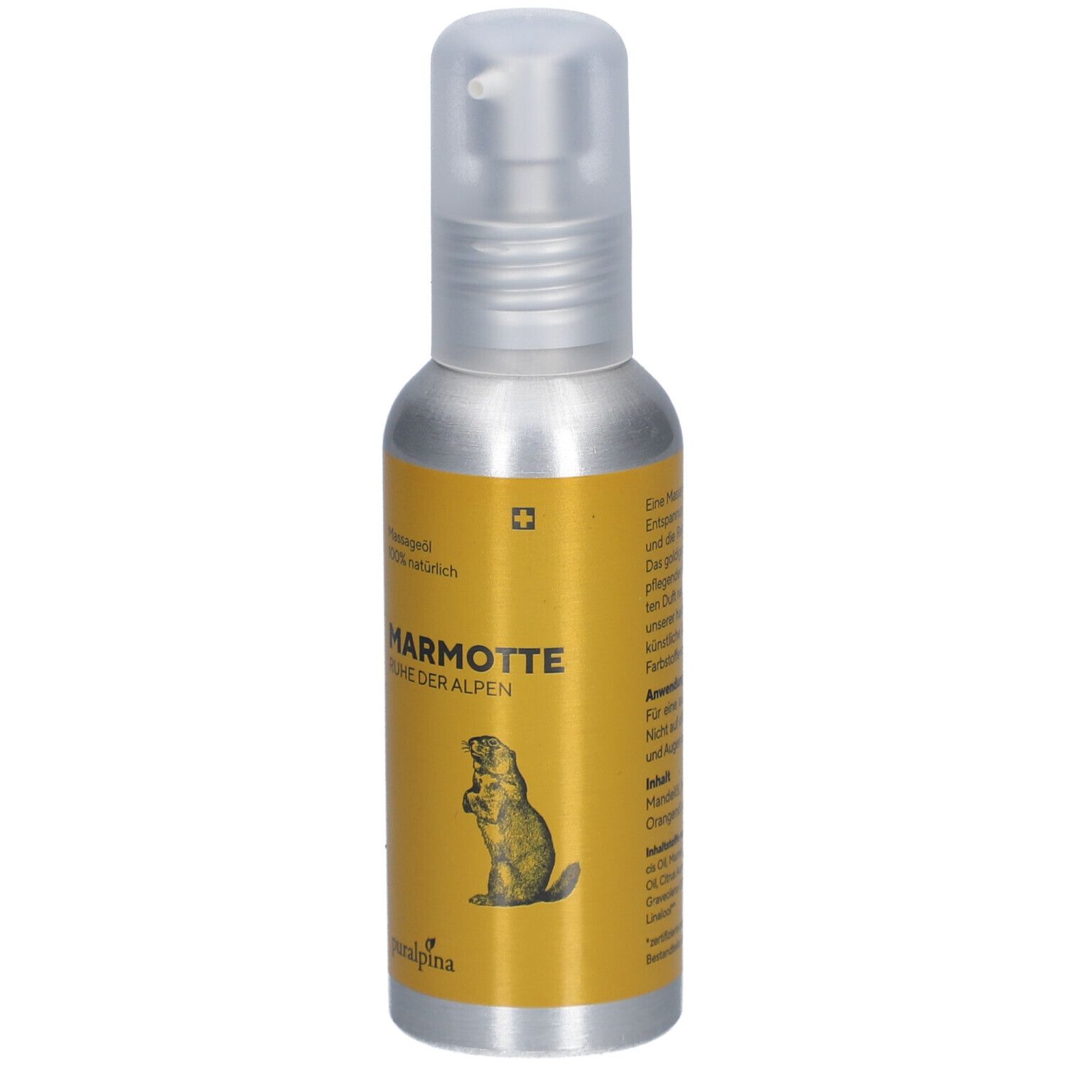 Flacon pulvérisateur argenté avec étiquette jaune. Inscription: MARMOTTE Ruhe der Alpen. Illustration d'une marmotte. Croix suisse.