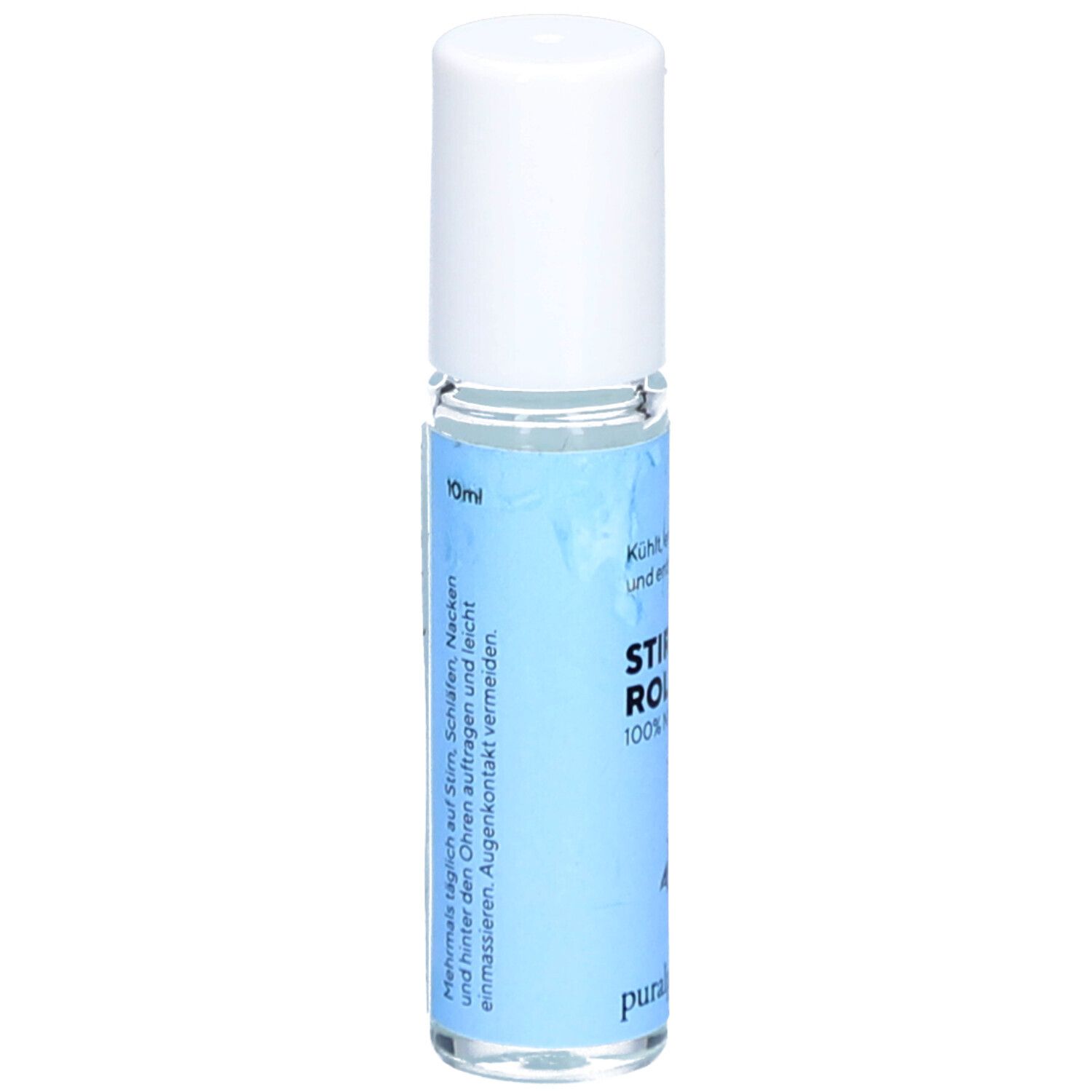 Rouleau frontal rafraîchissant avec bouchon blanc. Étiquette bleue avec texte et logo. 10ml.