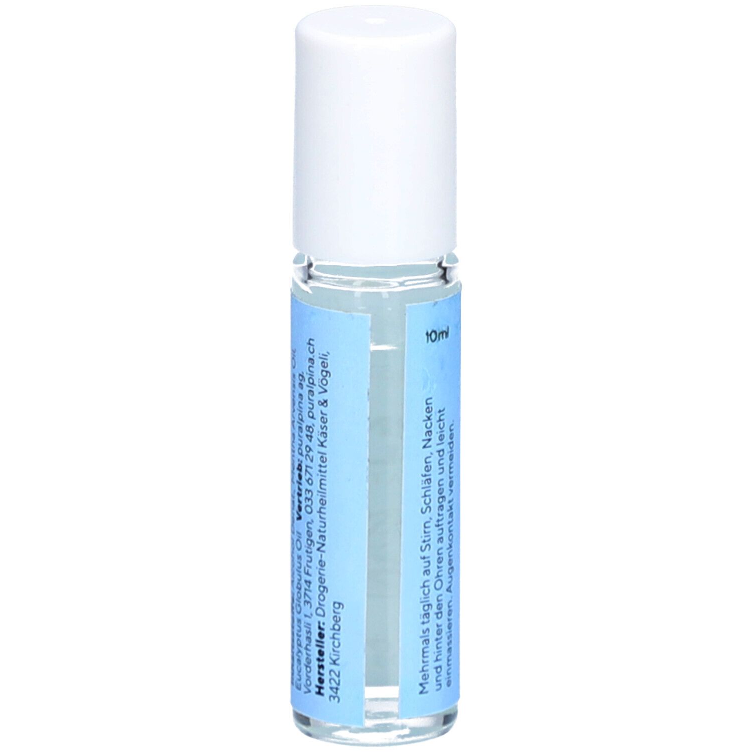 Rouleau frontal rafraîchissant avec bouchon blanc. Étiquette bleue avec texte et logo. 10ml.