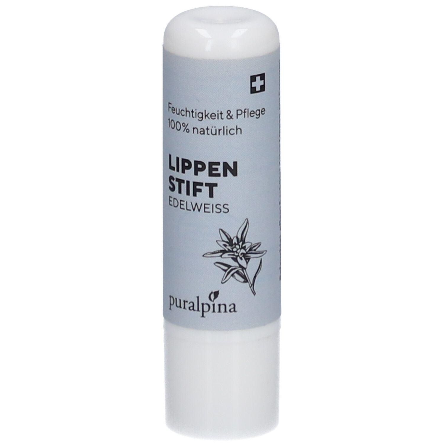 Lippenstift mit weißer Hülle und grauer Banderole. Text: Feuchtigkeit & Pflege, 100% natürlich, Lippenstift Edelweiss, puralpina.