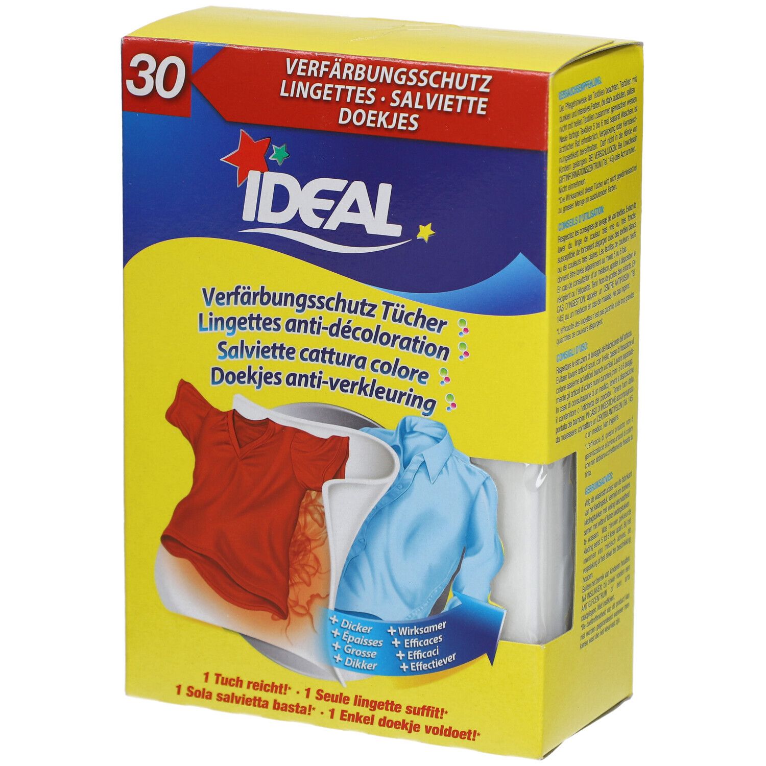 Gelbe Kartonverpackung mit Produktabbildung und Text. Enthält 30 Tücher. Ideal Verfärbungsschutz-Tücher. Abbildung von rotem und blauem Shirt.