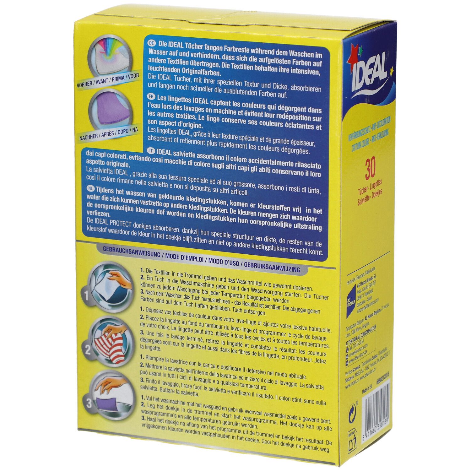 Rückseite der gelben Kartonverpackung. Text in mehreren Sprachen. Gebrauchsanweisung mit Illustrationen. Ideal Verfärbungsschutz-Tücher.