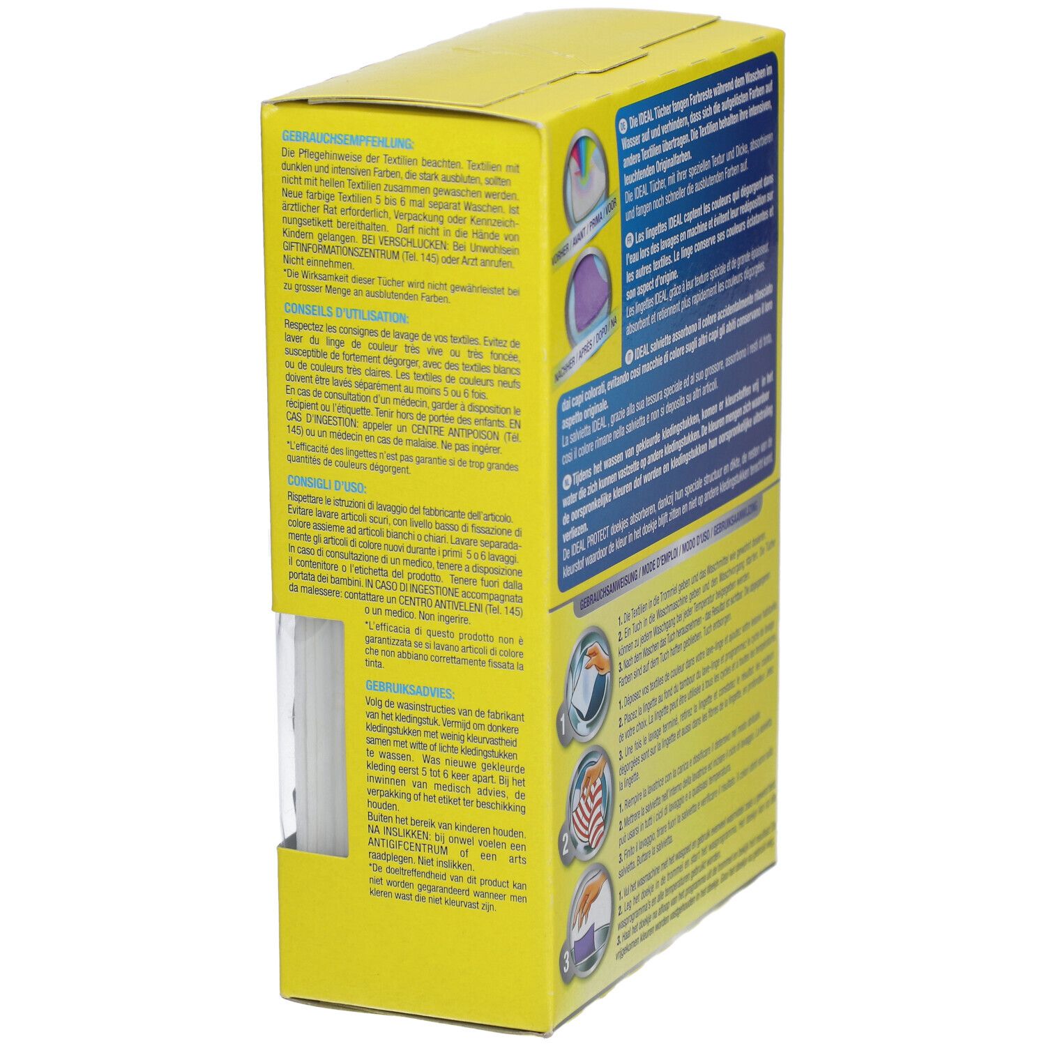 Seitenansicht der gelben Kartonverpackung. Text in mehreren Sprachen. Gebrauchsanweisung mit Illustrationen. Ideal Verfärbungsschutz-Tücher.