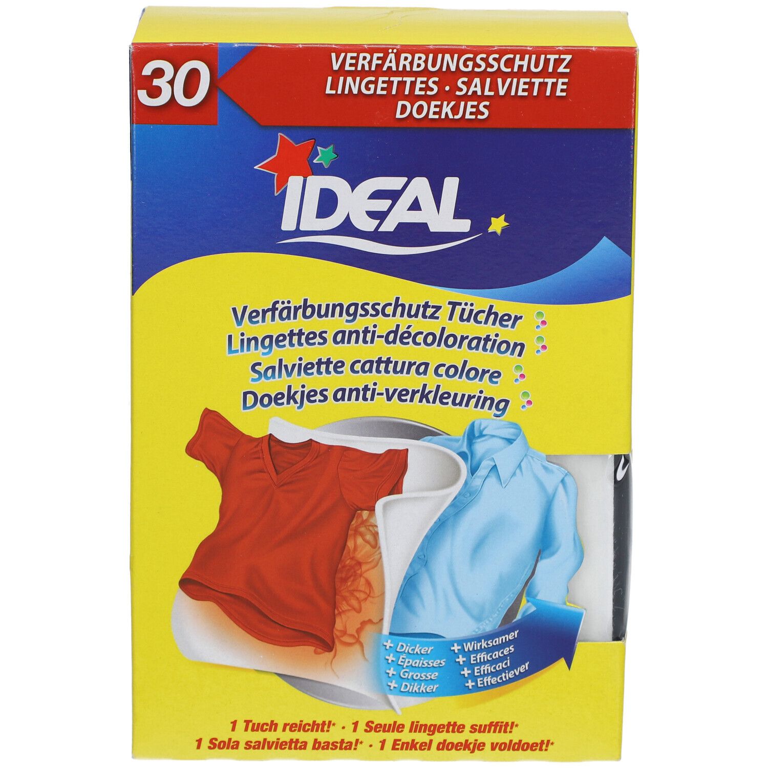 Gelbe Kartonverpackung mit Produktabbildung und Text. Enthält 30 Tücher. Ideal Verfärbungsschutz-Tücher. Abbildung von rotem und blauem Shirt.