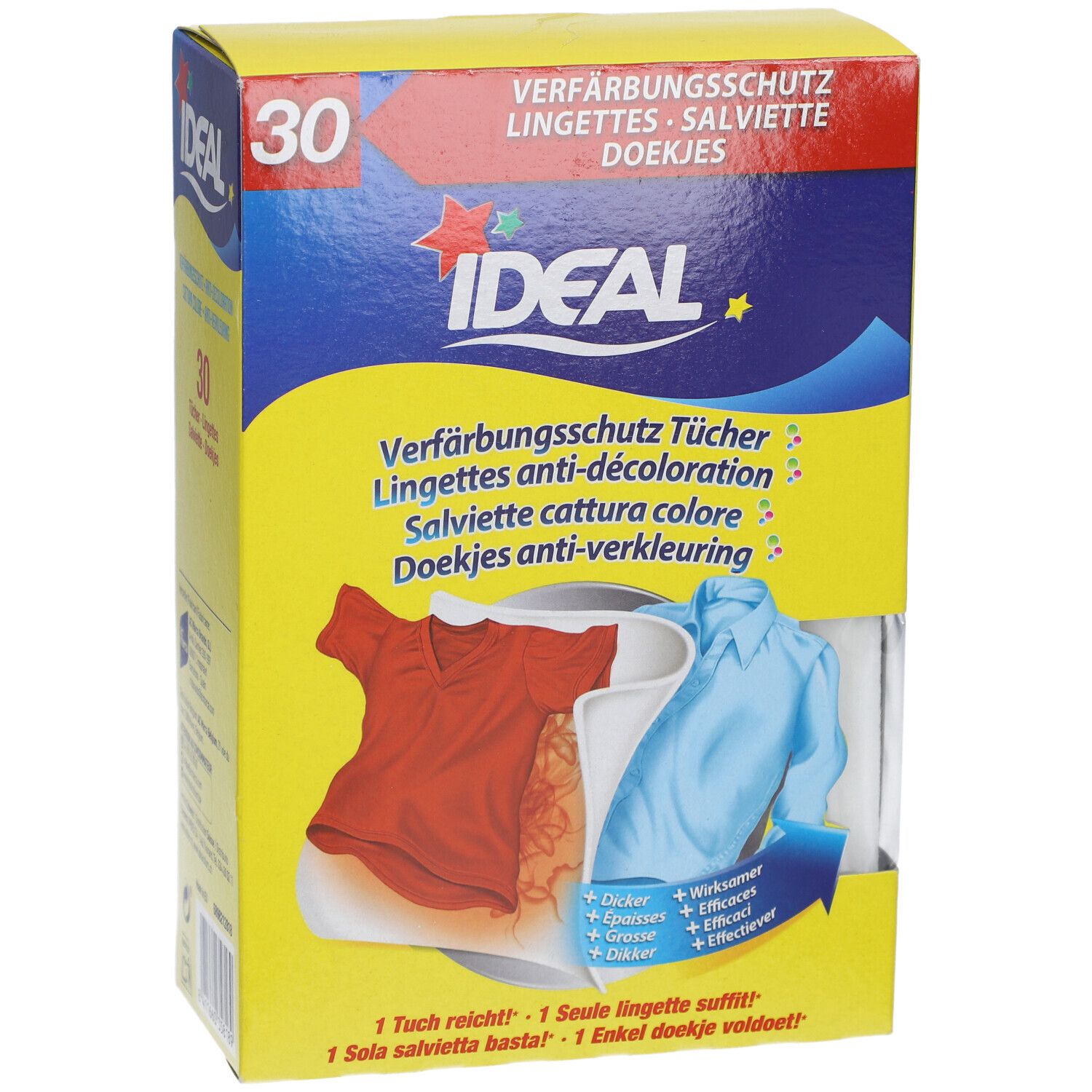 Gelbe Kartonverpackung mit Produktabbildung und Text. Enthält 30 Tücher. Ideal Verfärbungsschutz-Tücher. Abbildung von rotem und blauem Shirt.