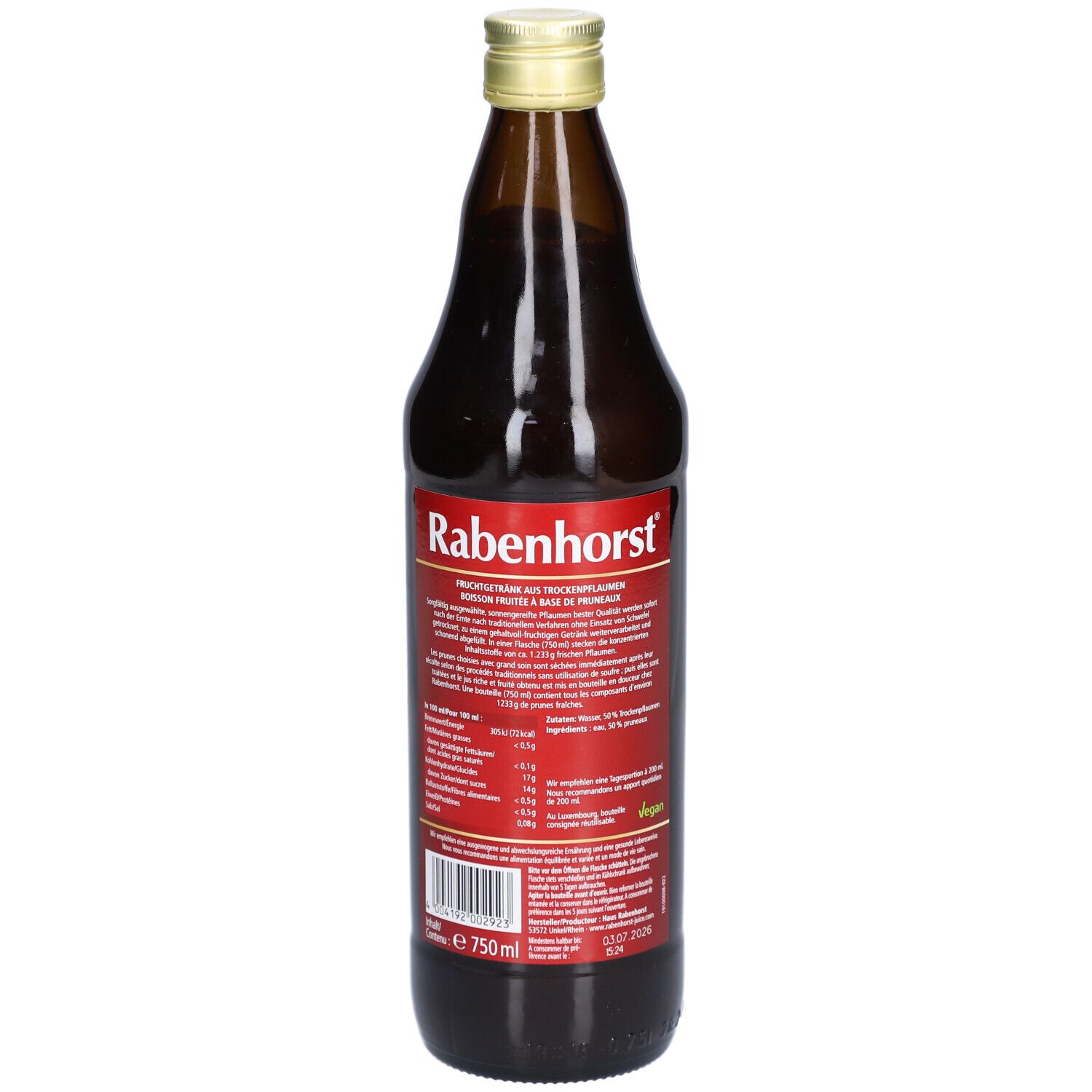 Braune Glasflasche mit goldfarbenem Deckel. Rückseite mit Text. Marke Rabenhorst. Volumen 750 ml.
