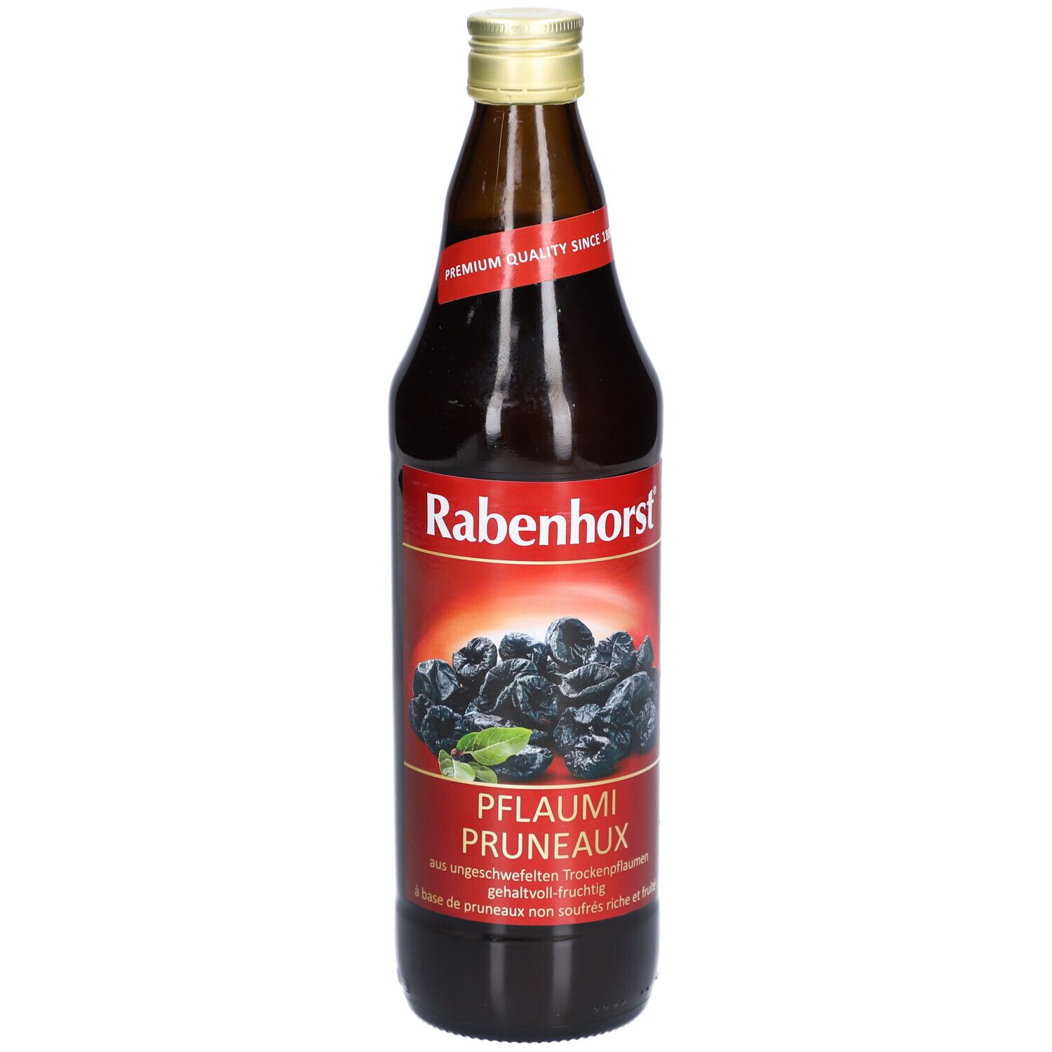 Braune Glasflasche mit goldfarbenem Deckel. Etikett mit Pflaumen-Abbildung und Schriftzug "Rabenhorst Pflaumi Pruneaux".