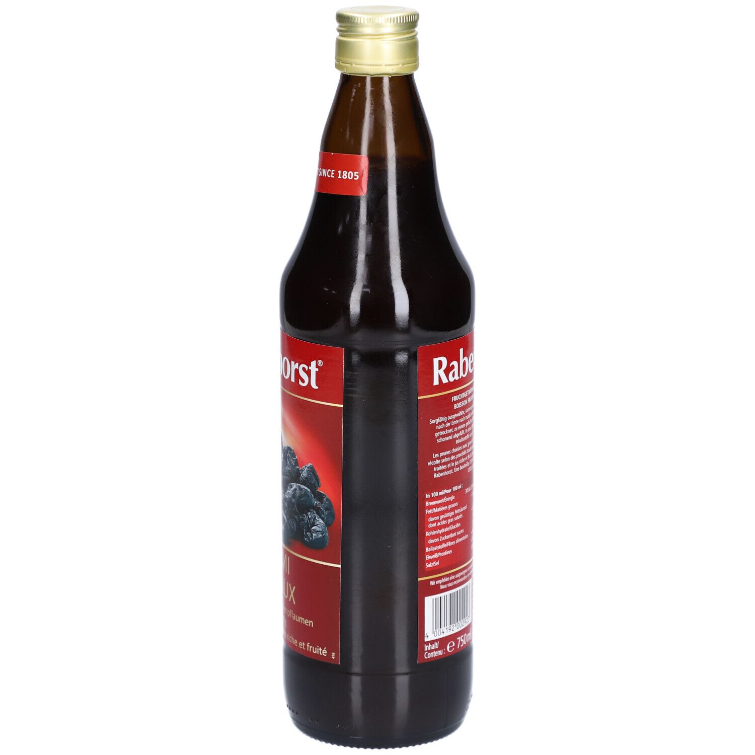 Braune Glasflasche mit goldfarbenem Deckel. Rückseite mit Text. Marke Rabenhorst. Volumen 750 ml.
