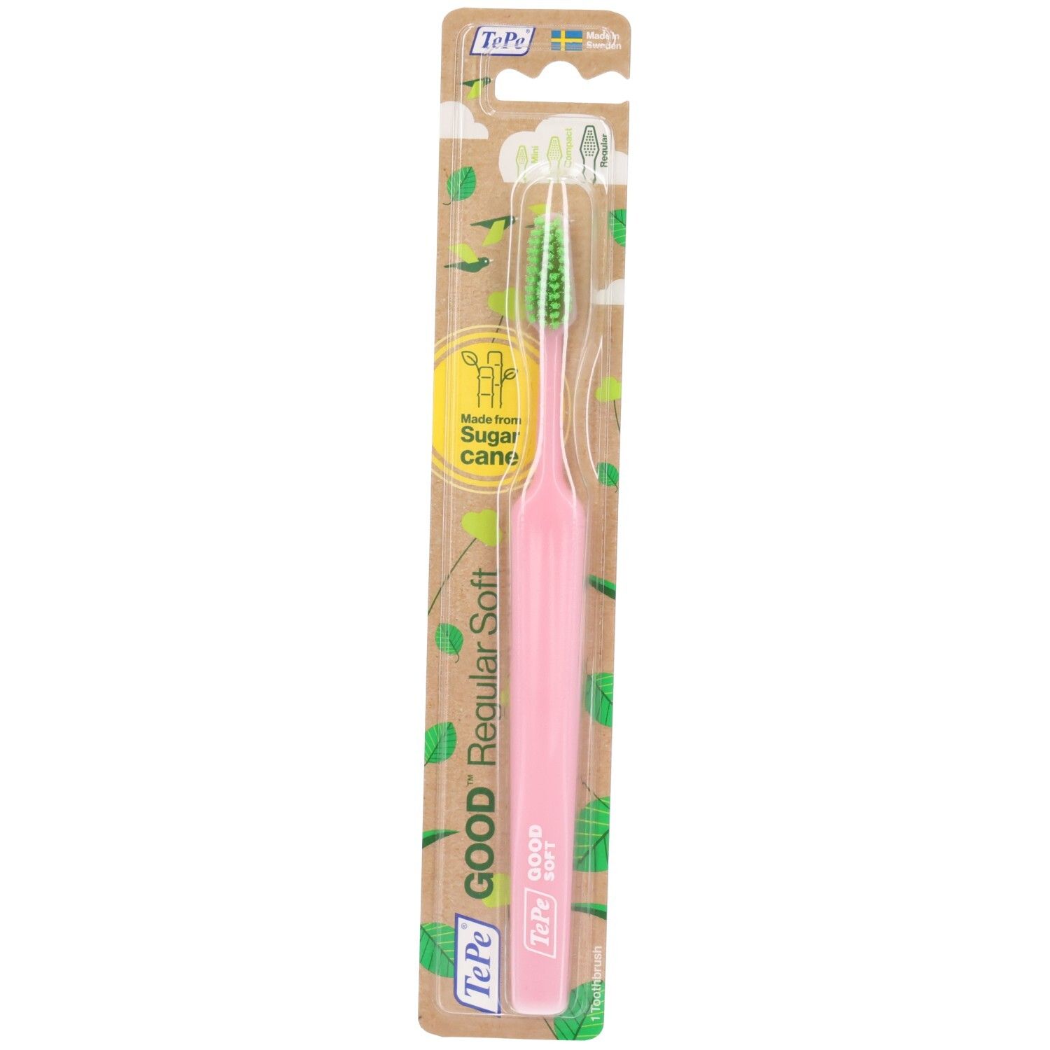 TePe GOOD Regular Soft Zahnbürste, rosa mit grünen Borsten, in Blisterverpackung.