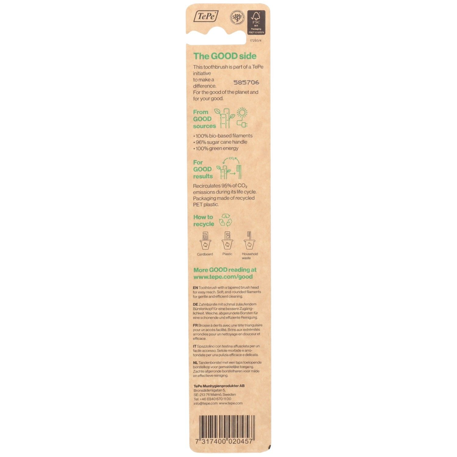 Rückseite der TePe GOOD Regular Soft Zahnbürstenverpackung mit Informationen zu Nachhaltigkeit und Recycling.