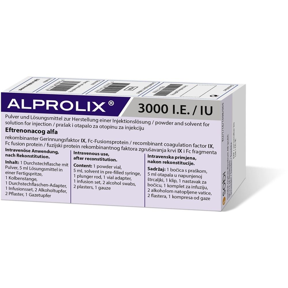 Karton mit ALPROLIX, 3000 I.E./IU. Enthält Pulver und Lösungsmittel zur Herstellung einer Injektionslösung. Enthält Zubehör.