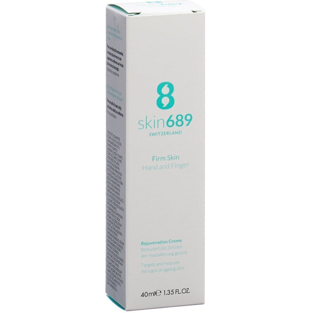 Weißer Karton mit Produkt Skin689. Aufschrift: Firm Skin Hand und Finger. 40ml.